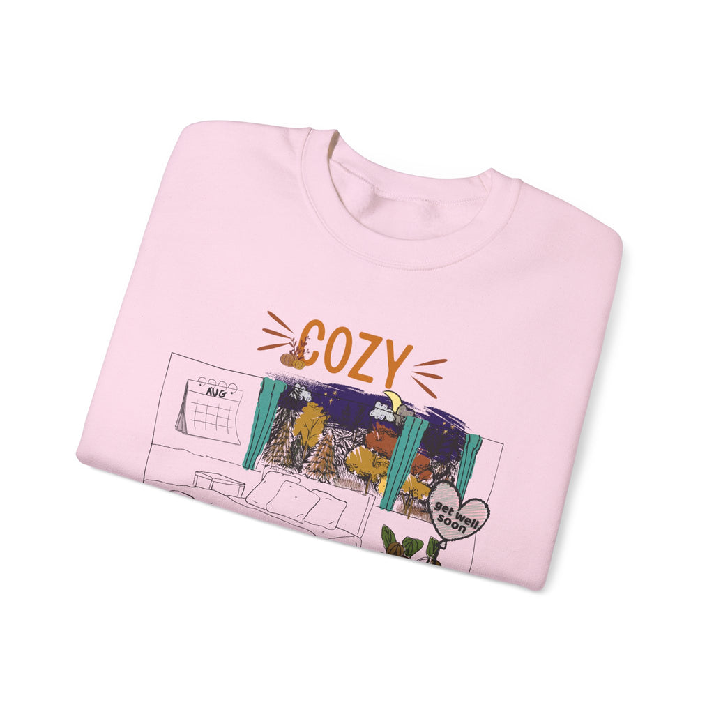Cozy Within Reason fall crewneck by HKitty Enterprises, a funny autumn bedroom scene with a sleeping cat, a nighttime fall window, and a dying plant getting a get well soon balloon