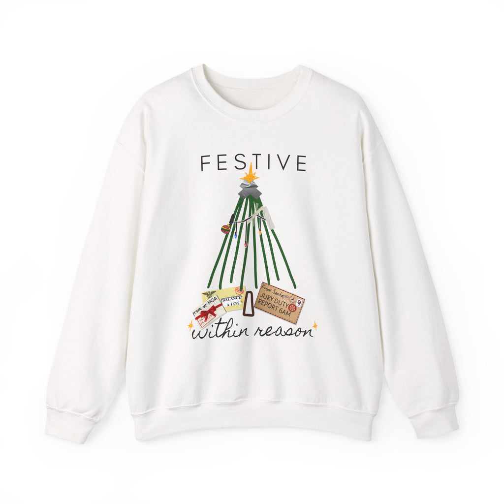 Festive Within Reason Christmas crewneck by HKitty Enterprises, a deadpan holiday design of a taped-up tree with gifts that are actually bills and a jury duty summons from Santa