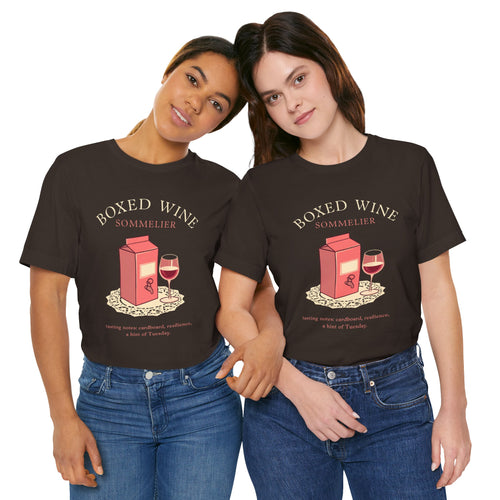 Black tee with Boxed Wine Sommelier arched in elegant serif over a flat vector wine box and tilted wine glass illustration — front view
