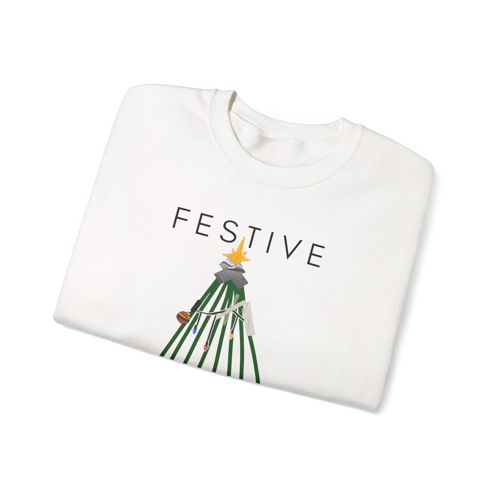 Festive Within Reason Christmas crewneck by HKitty Enterprises, a deadpan holiday design of a taped-up tree with gifts that are actually bills and a jury duty summons from Santa