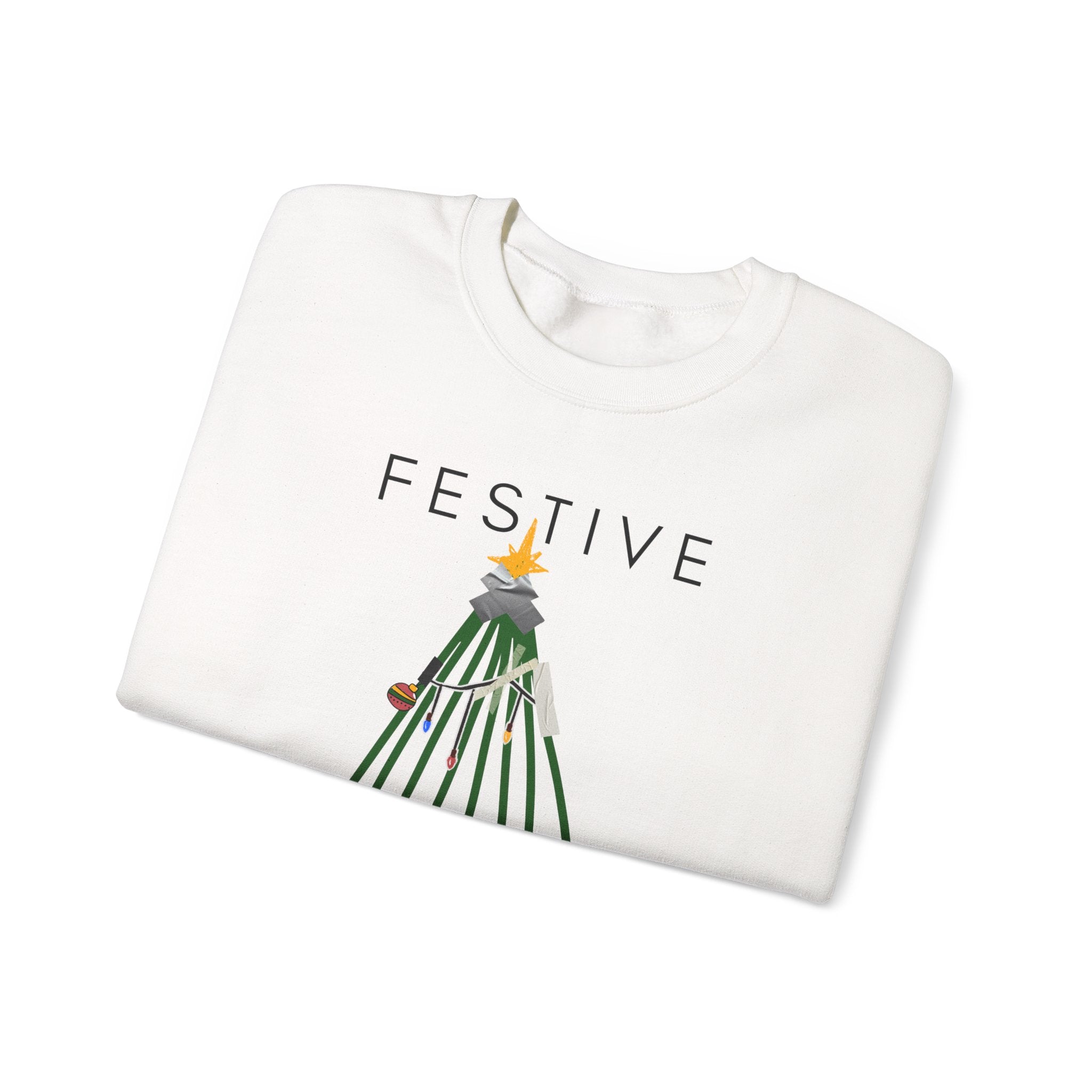 Festive Within Reason Christmas crewneck by HKitty Enterprises, a deadpan holiday design of a taped-up tree with gifts that are actually bills and a jury duty summons from Santa