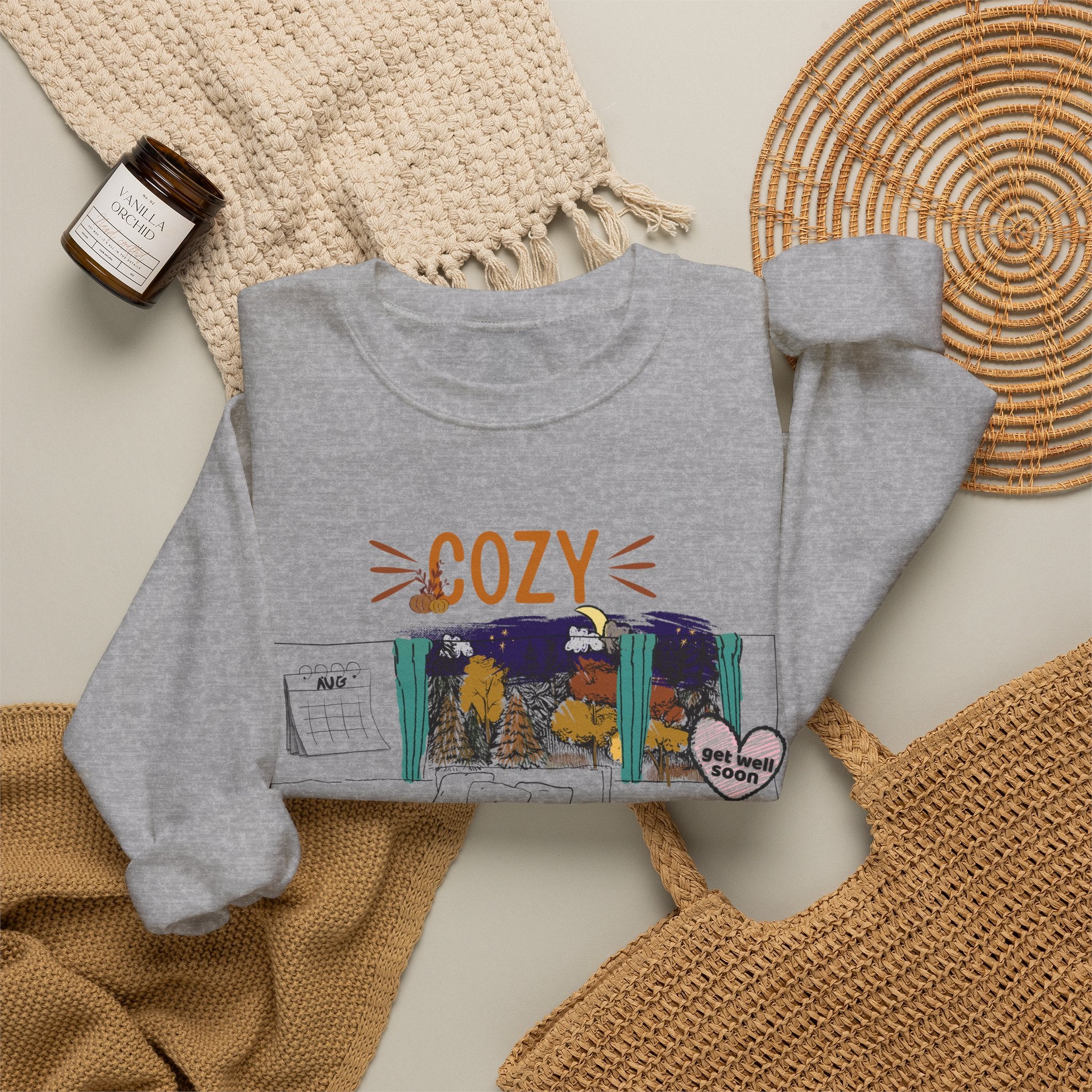 Cozy Within Reason fall crewneck by HKitty Enterprises, a funny autumn bedroom scene with a sleeping cat, a nighttime fall window, and a dying plant getting a get well soon balloon