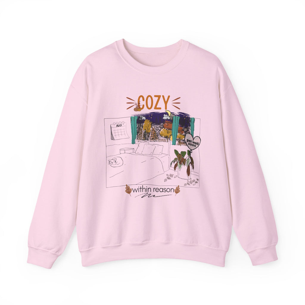 Cozy Within Reason fall crewneck by HKitty Enterprises, a funny autumn bedroom scene with a sleeping cat, a nighttime fall window, and a dying plant getting a get well soon balloon
