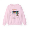 Cozy Within Reason fall crewneck by HKitty Enterprises, a funny autumn bedroom scene with a sleeping cat, a nighttime fall window, and a dying plant getting a get well soon balloon