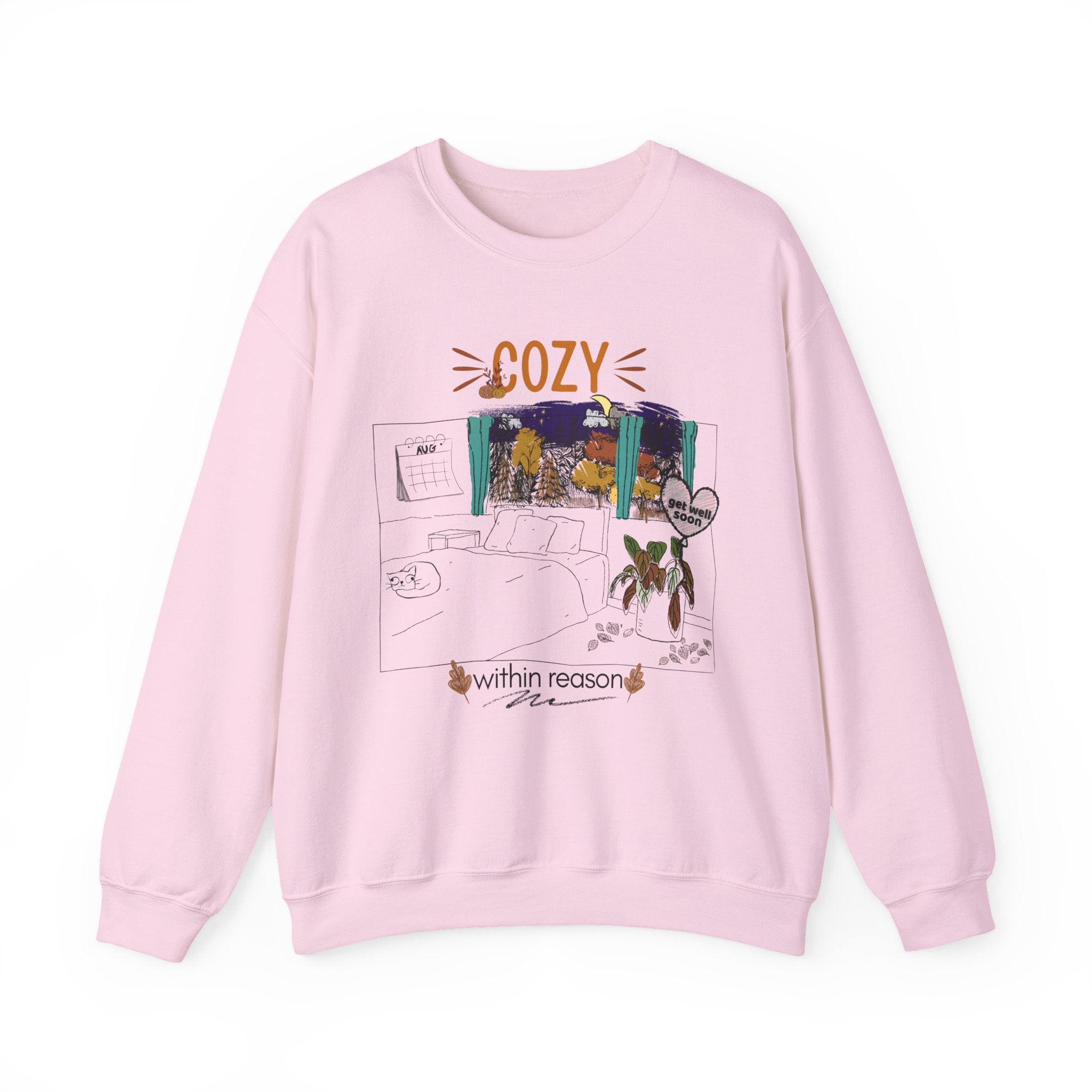 Cozy Within Reason fall crewneck by HKitty Enterprises, a funny autumn bedroom scene with a sleeping cat, a nighttime fall window, and a dying plant getting a get well soon balloon