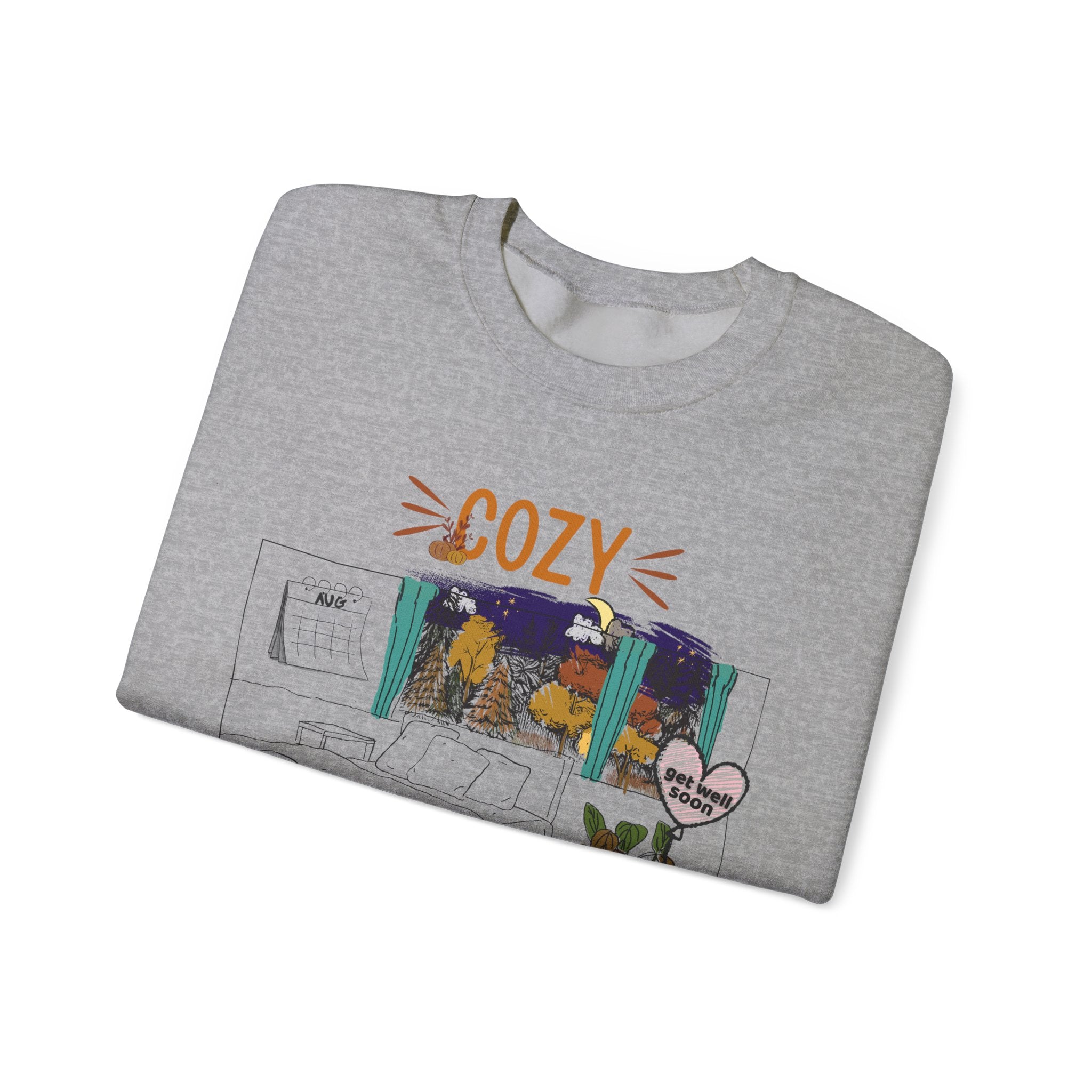 Cozy Within Reason fall crewneck by HKitty Enterprises, a funny autumn bedroom scene with a sleeping cat, a nighttime fall window, and a dying plant getting a get well soon balloon
