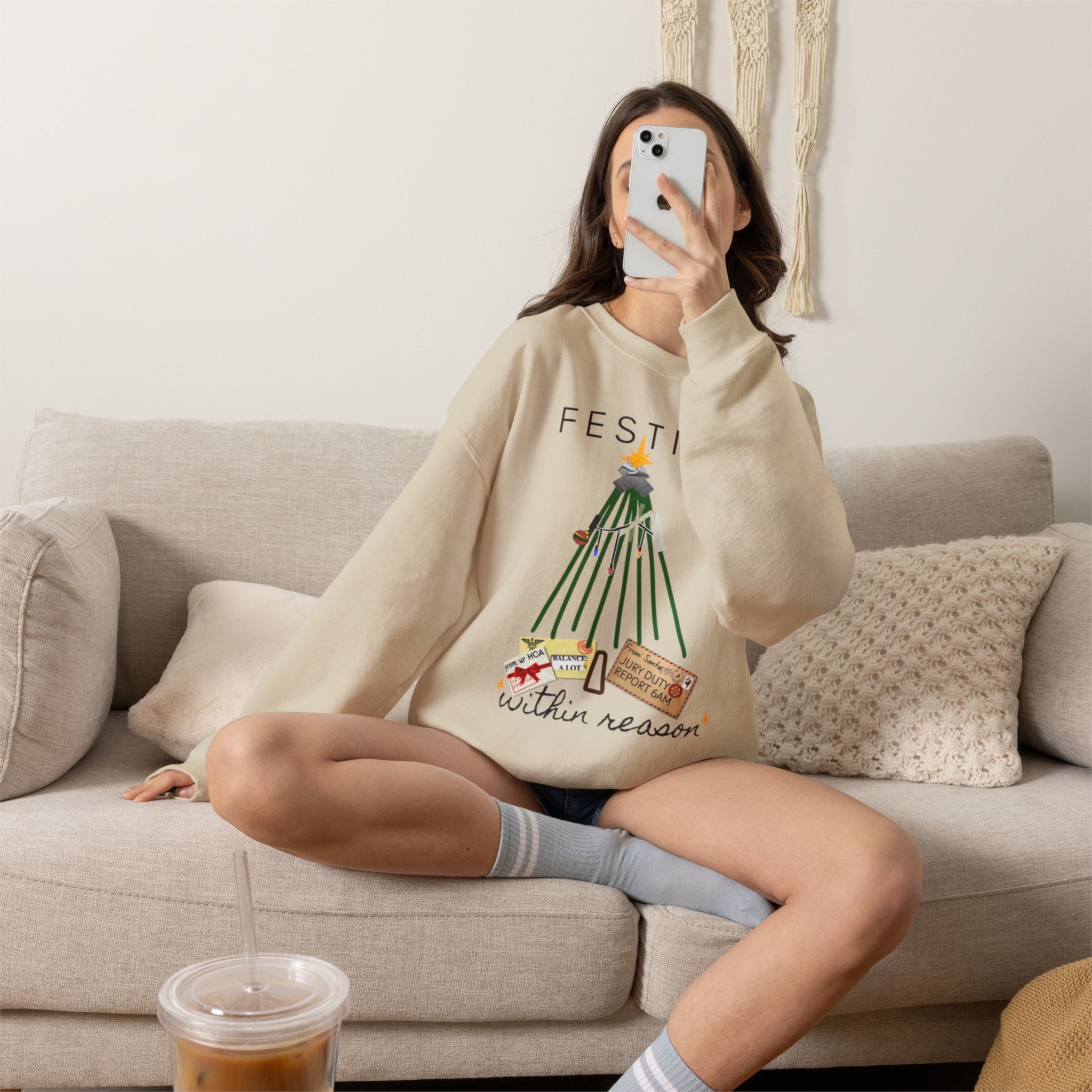 Festive Within Reason Christmas crewneck by HKitty Enterprises, a deadpan holiday design of a taped-up tree with gifts that are actually bills and a jury duty summons from Santa