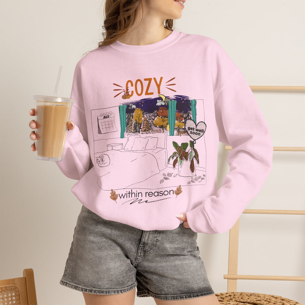 Cozy Within Reason fall crewneck by HKitty Enterprises, a funny autumn bedroom scene with a sleeping cat, a nighttime fall window, and a dying plant getting a get well soon balloon