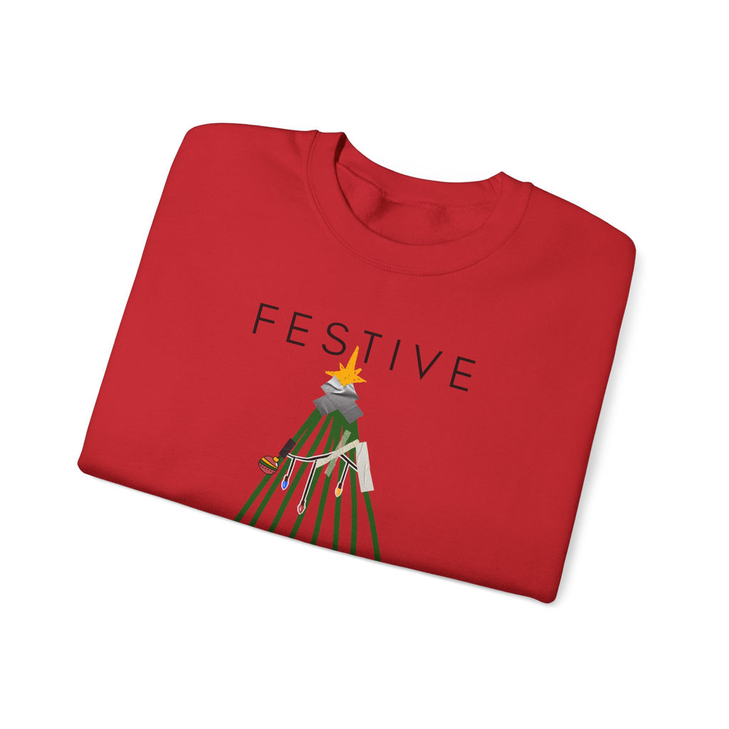 Festive Within Reason Christmas crewneck by HKitty Enterprises, a deadpan holiday design of a taped-up tree with gifts that are actually bills and a jury duty summons from Santa