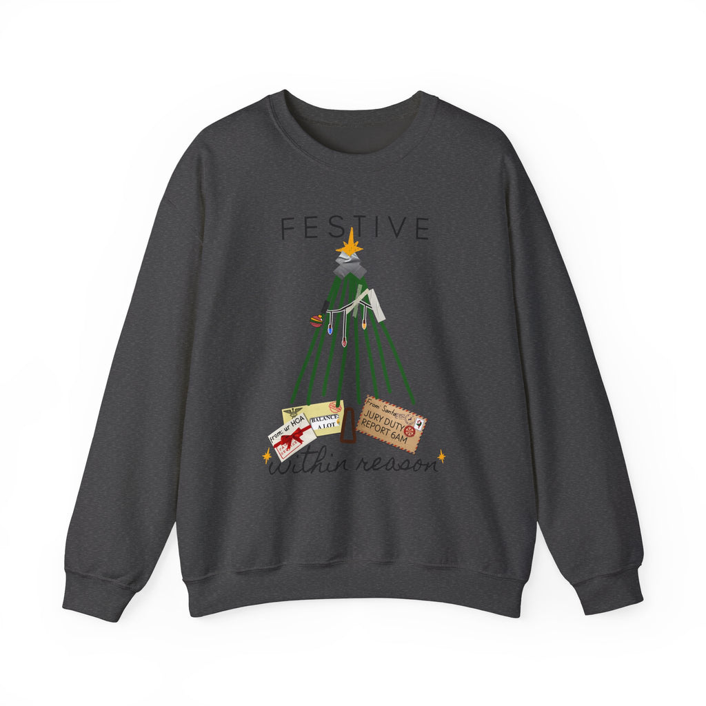 Festive Within Reason Christmas crewneck by HKitty Enterprises, a deadpan holiday design of a taped-up tree with gifts that are actually bills and a jury duty summons from Santa