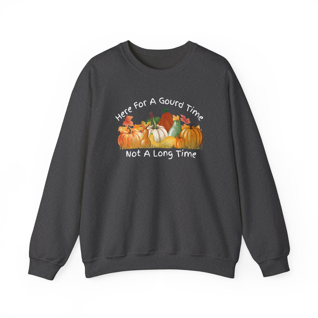 Here for a Gourd Time fall pumpkin crewneck — product photo 2, dark heather or black colorway