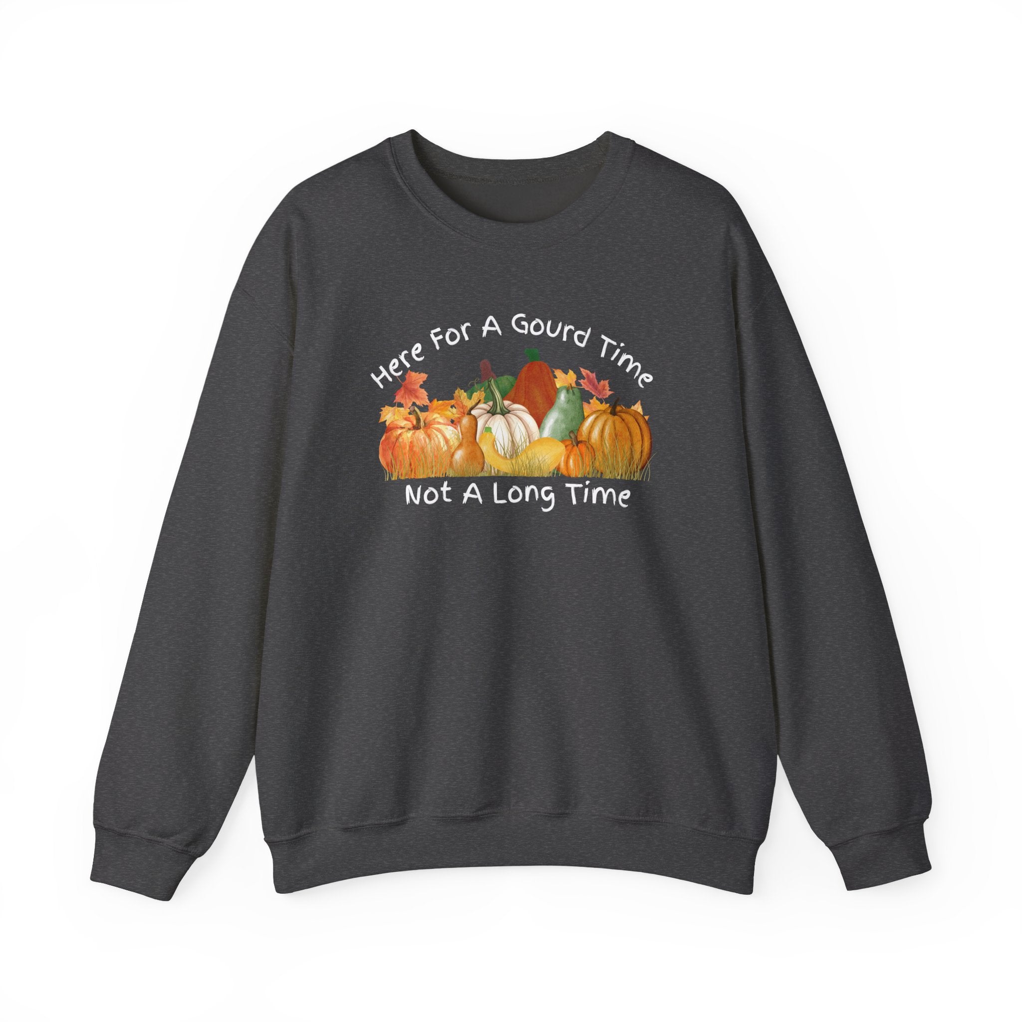 Here for a Gourd Time fall pumpkin crewneck — product photo 2, dark heather or black colorway