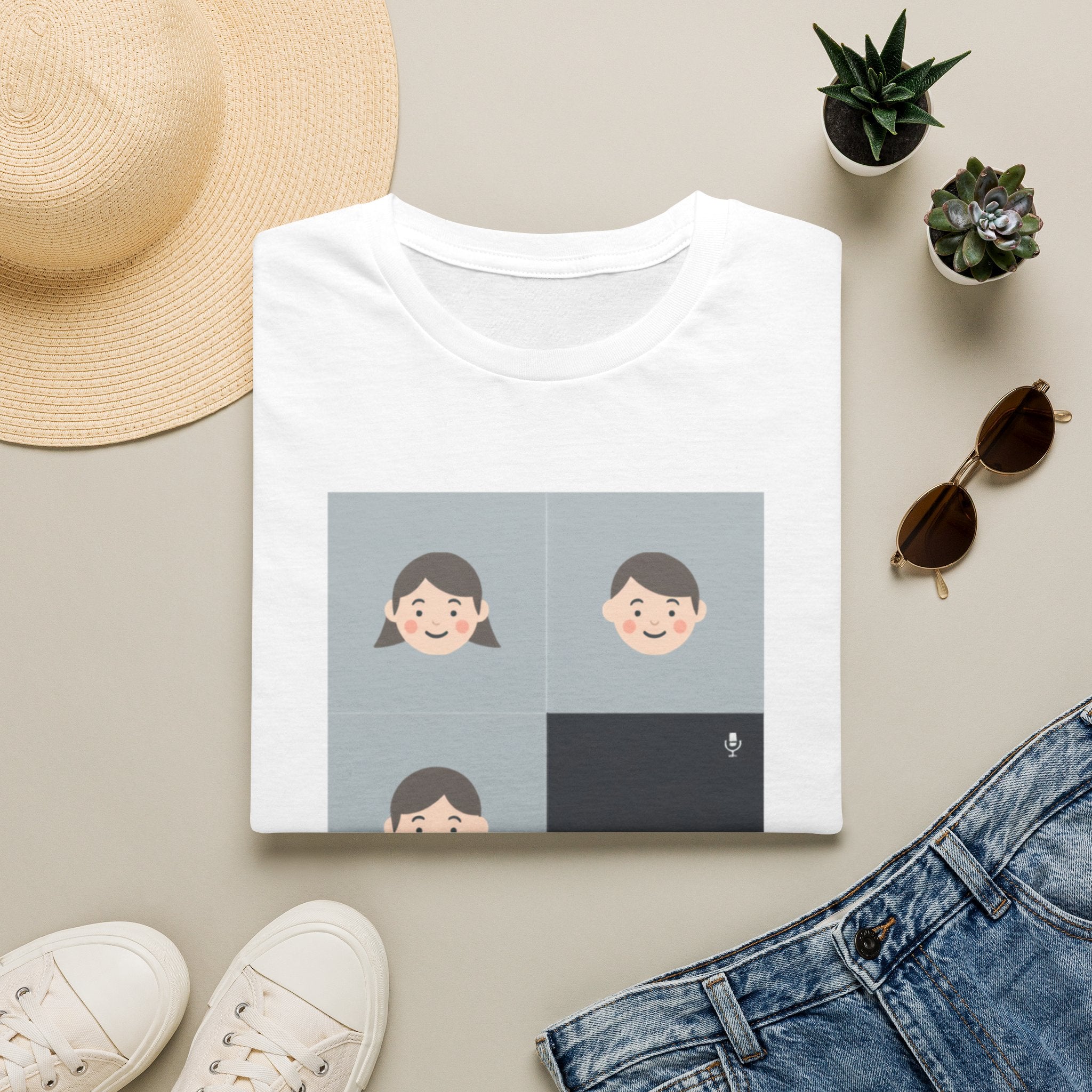 Light blue tee with minimalist video-call grid graphic, one dark tile with muted mic icon, reading Attending in Spirit — front view