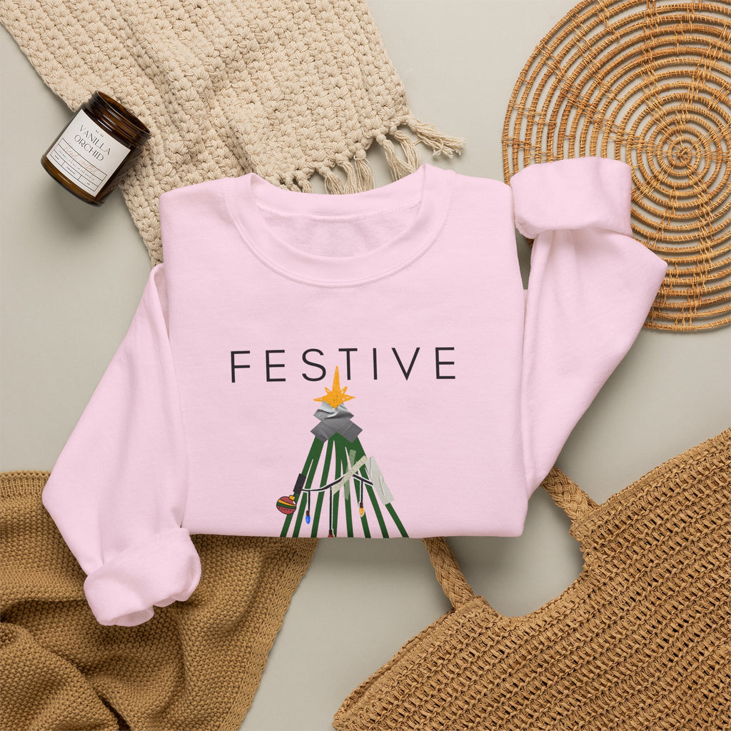 Festive Within Reason Christmas crewneck by HKitty Enterprises, a deadpan holiday design of a taped-up tree with gifts that are actually bills and a jury duty summons from Santa