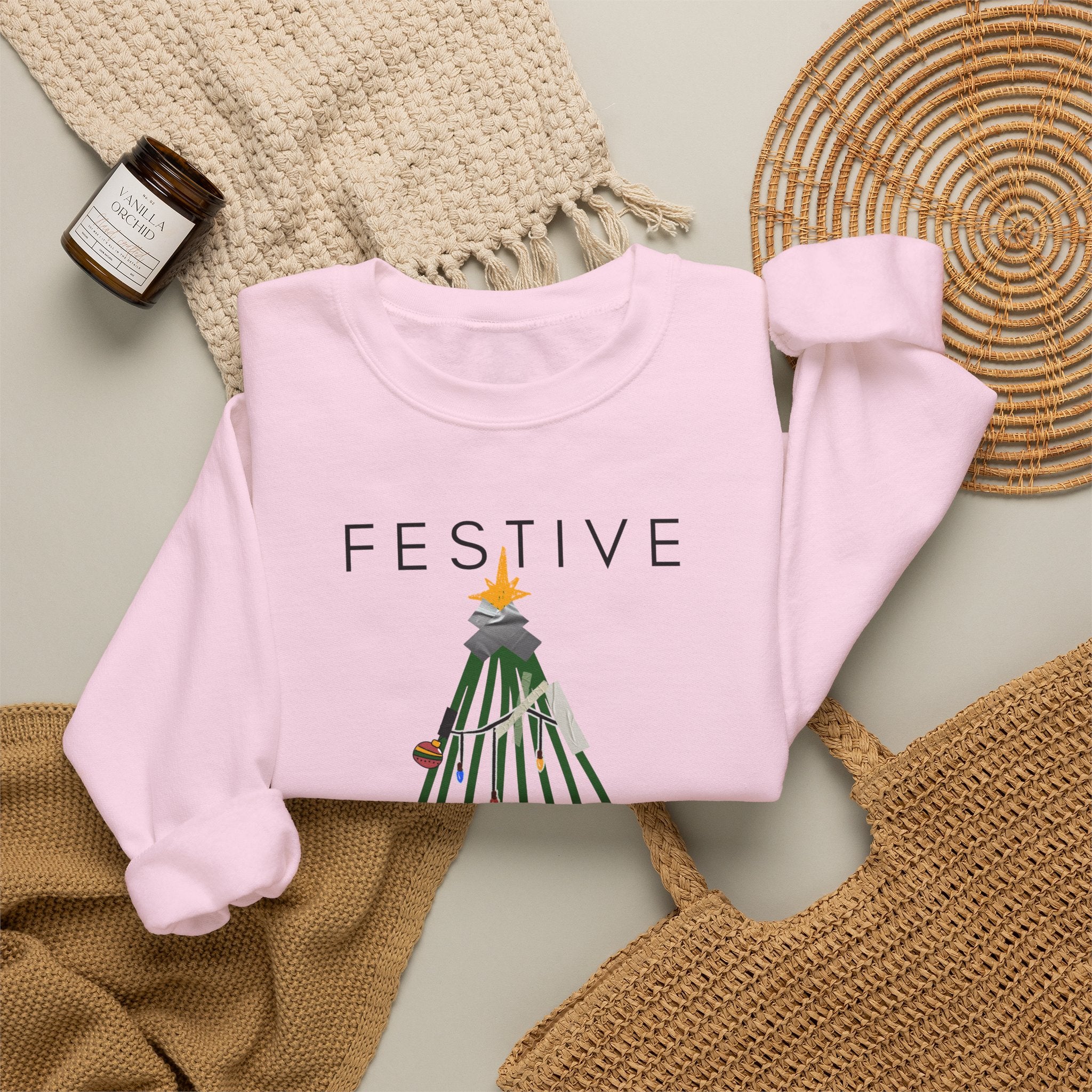 Festive Within Reason Christmas crewneck by HKitty Enterprises, a deadpan holiday design of a taped-up tree with gifts that are actually bills and a jury duty summons from Santa