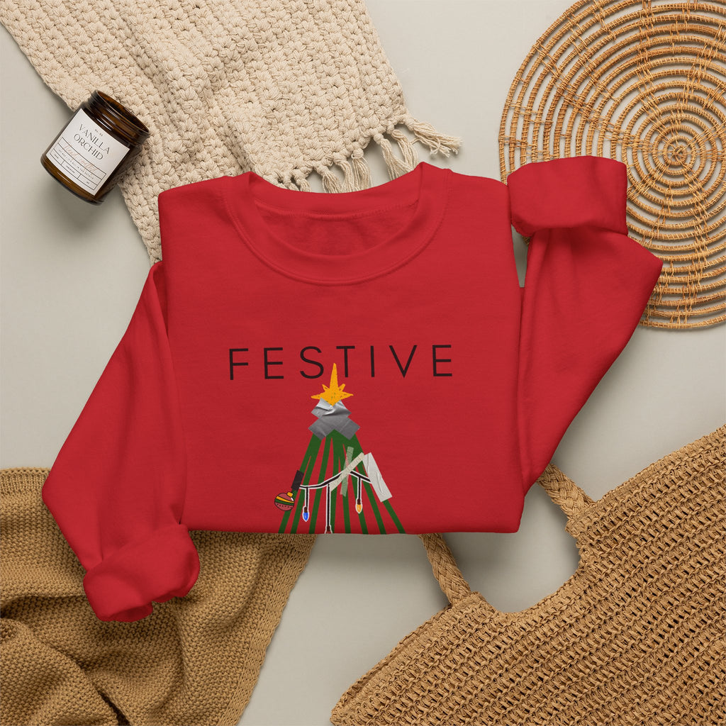 Festive Within Reason Christmas crewneck by HKitty Enterprises, a deadpan holiday design of a taped-up tree with gifts that are actually bills and a jury duty summons from Santa