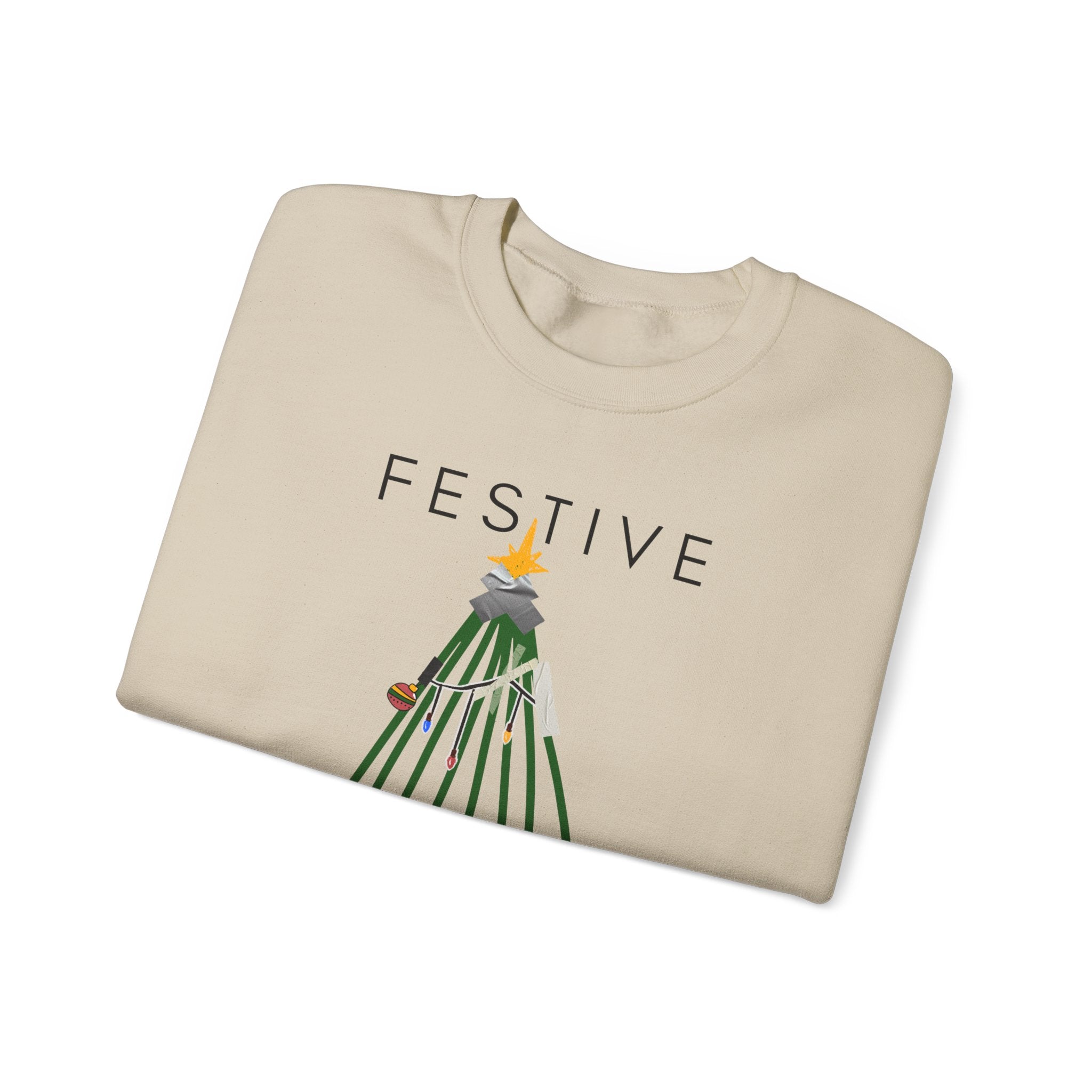 Festive Within Reason Christmas crewneck by HKitty Enterprises, a deadpan holiday design of a taped-up tree with gifts that are actually bills and a jury duty summons from Santa