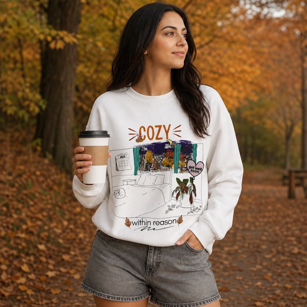 Cozy Within Reason fall crewneck by HKitty Enterprises, a funny autumn bedroom scene with a sleeping cat, a nighttime fall window, and a dying plant getting a get well soon balloon