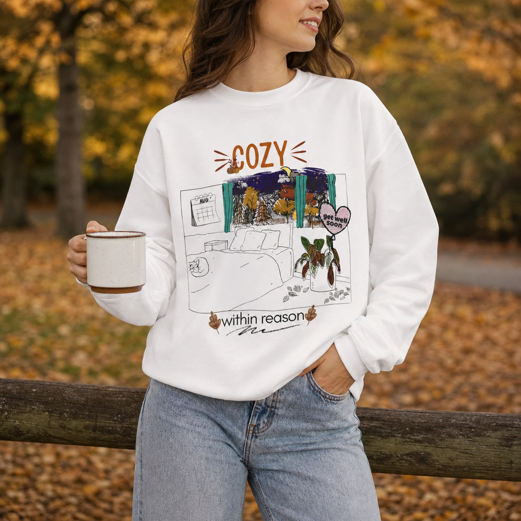 Cozy Within Reason fall crewneck by HKitty Enterprises, a funny autumn bedroom scene with a sleeping cat, a nighttime fall window, and a dying plant getting a get well soon balloon