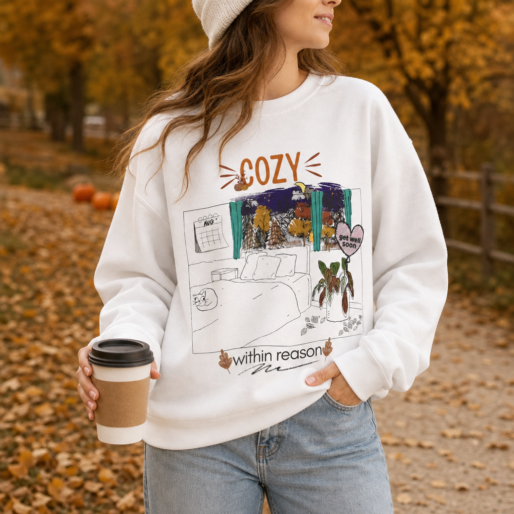 Cozy Within Reason fall crewneck by HKitty Enterprises, a funny autumn bedroom scene with a sleeping cat, a nighttime fall window, and a dying plant getting a get well soon balloon