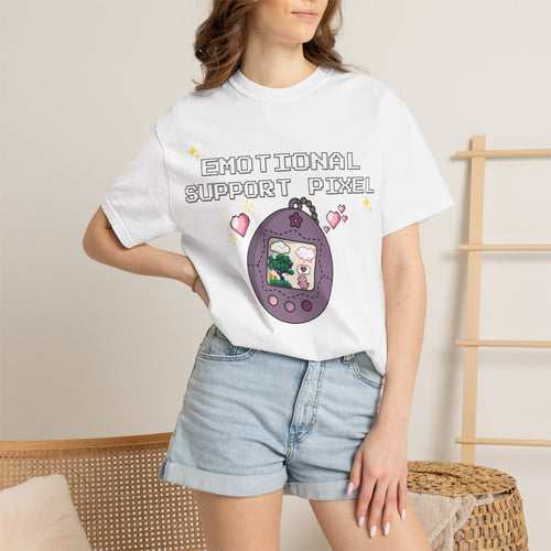 Emotional Support Pixel tee by HKitty Enterprises, a virtual pet nostalgia design of a retro egg-shaped device showing a pixel heart creature