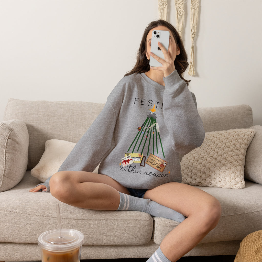 Festive Within Reason Christmas crewneck by HKitty Enterprises, a deadpan holiday design of a taped-up tree with gifts that are actually bills and a jury duty summons from Santa