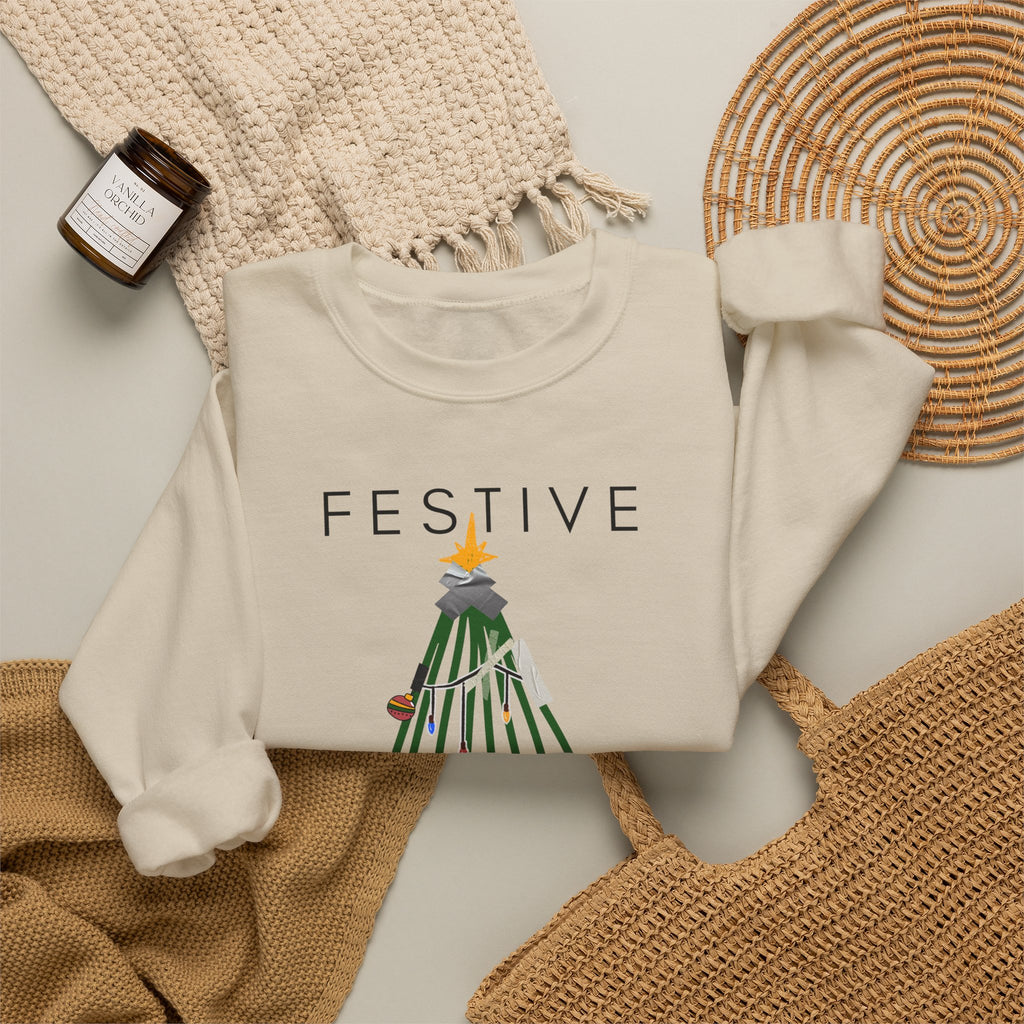 Festive Within Reason Christmas crewneck by HKitty Enterprises, a deadpan holiday design of a taped-up tree with gifts that are actually bills and a jury duty summons from Santa