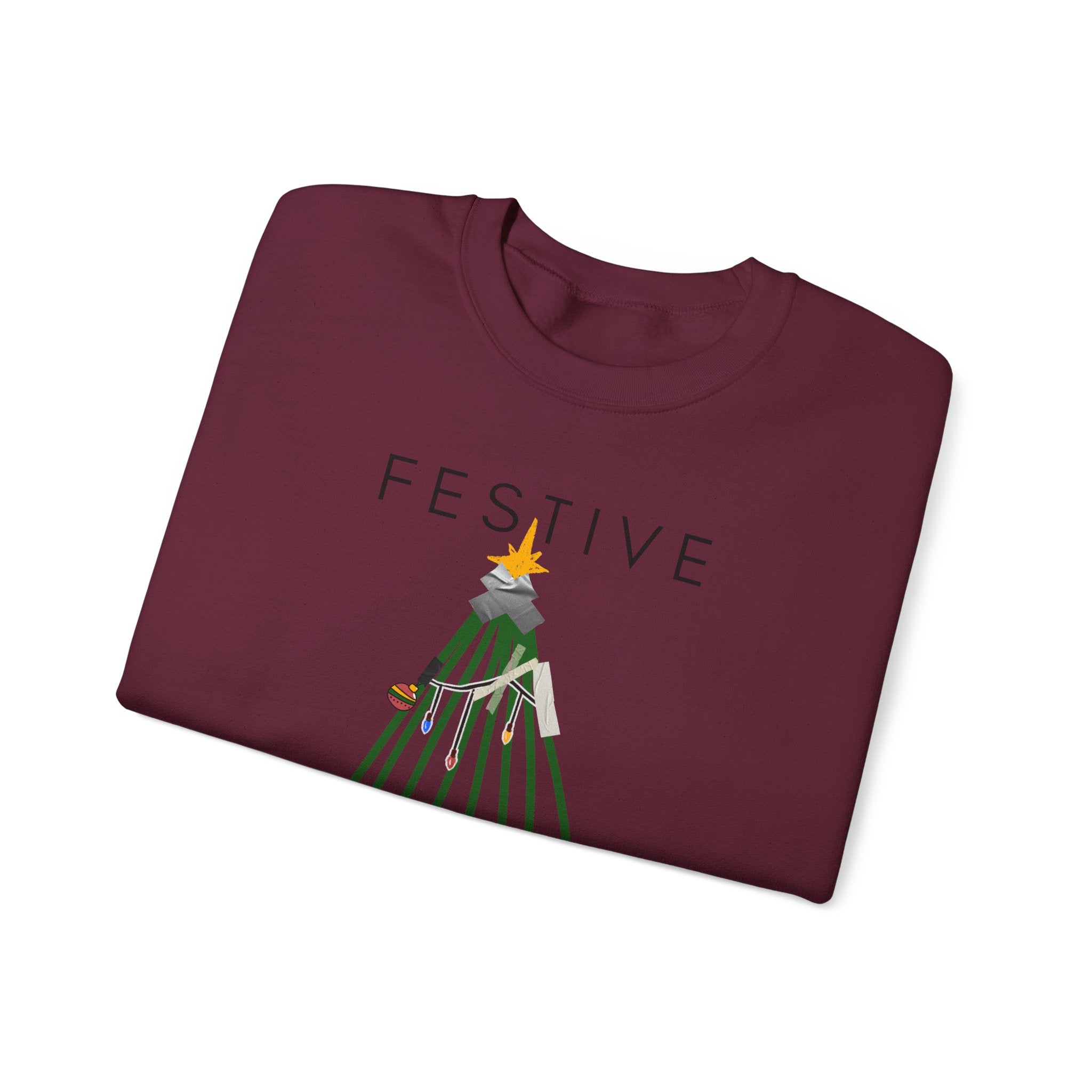 Festive Within Reason Christmas crewneck by HKitty Enterprises, a deadpan holiday design of a taped-up tree with gifts that are actually bills and a jury duty summons from Santa