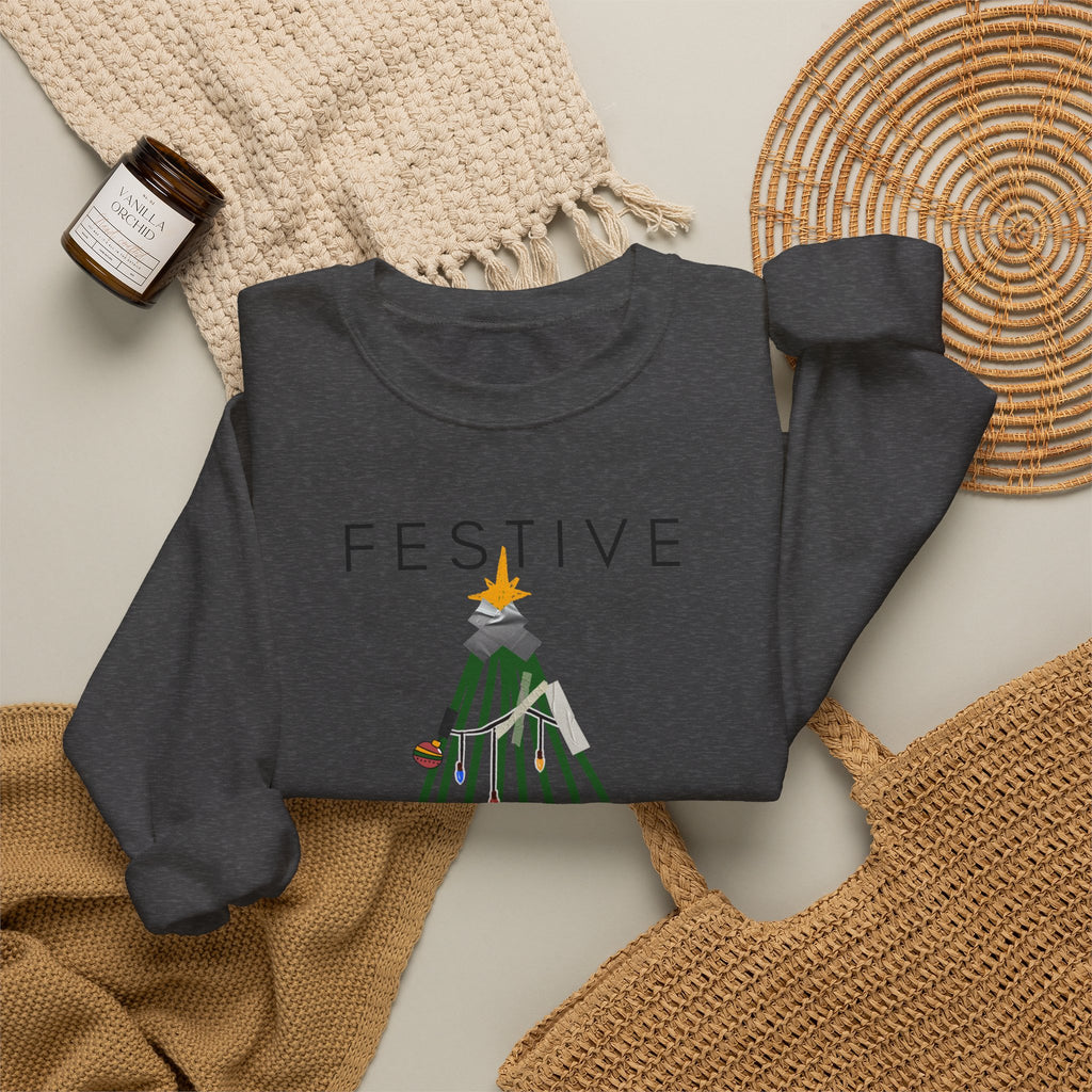 Festive Within Reason Christmas crewneck by HKitty Enterprises, a deadpan holiday design of a taped-up tree with gifts that are actually bills and a jury duty summons from Santa