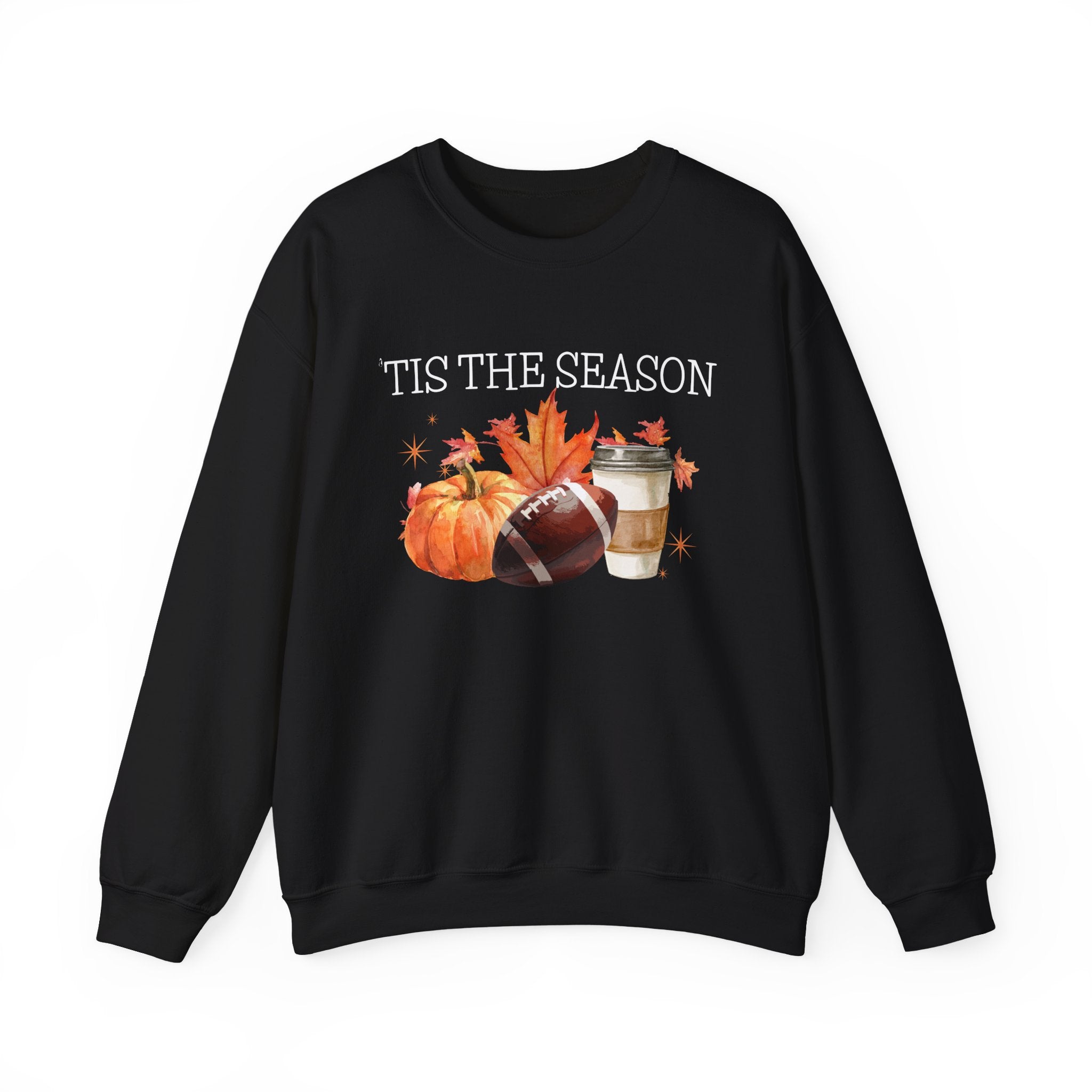 Black crewneck sweatshirt with Tis the Season fall design combining pumpkin and football in warm autumn tones — front view
