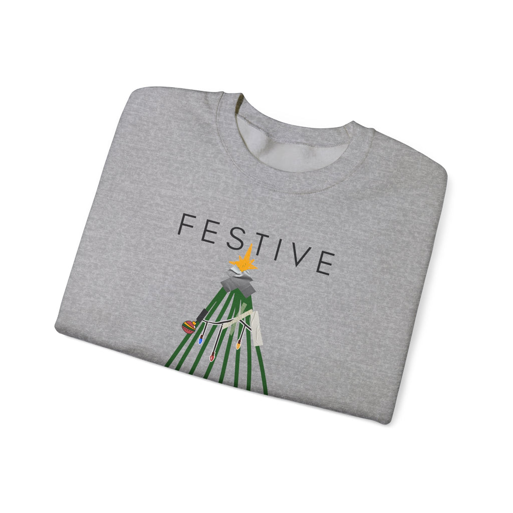 Festive Within Reason Christmas crewneck by HKitty Enterprises, a deadpan holiday design of a taped-up tree with gifts that are actually bills and a jury duty summons from Santa