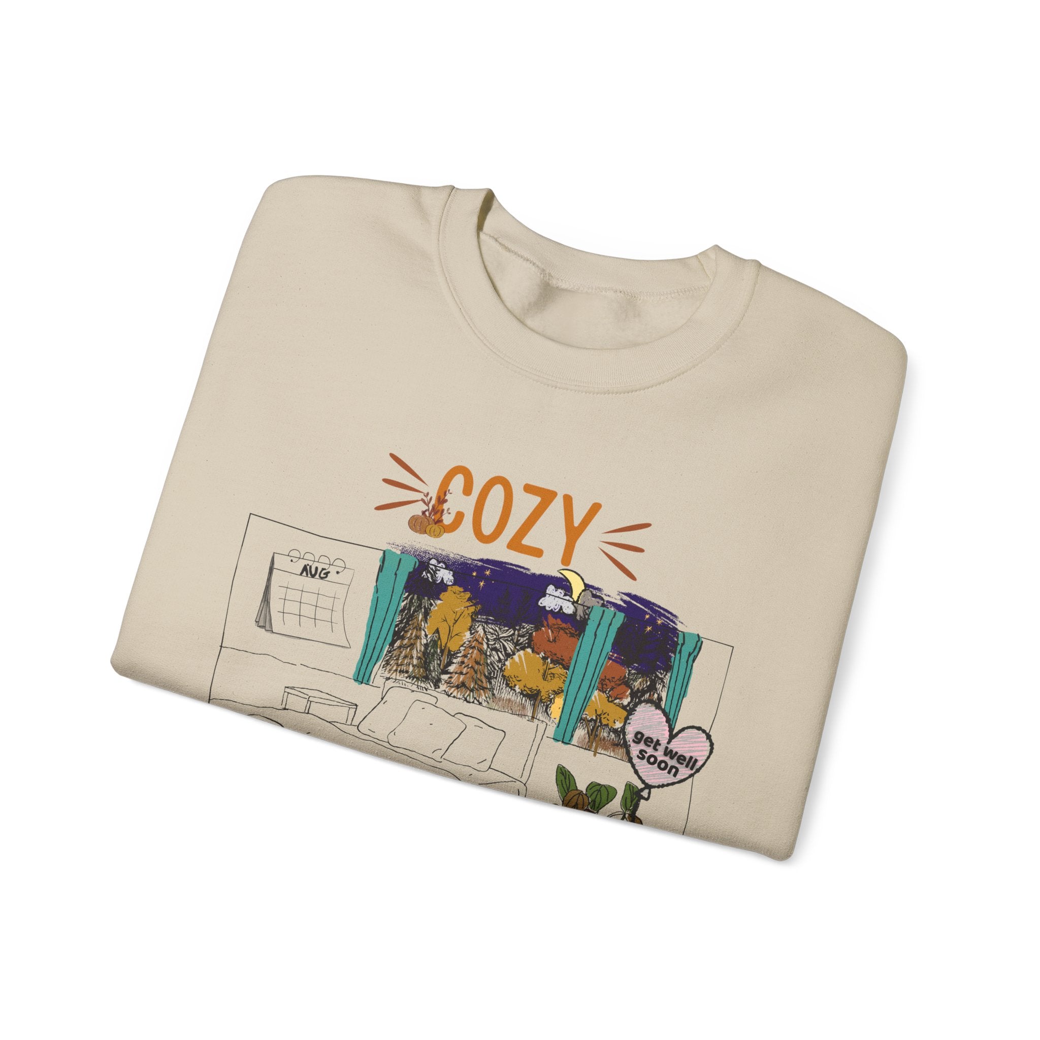 Cozy Within Reason fall crewneck by HKitty Enterprises, a funny autumn bedroom scene with a sleeping cat, a nighttime fall window, and a dying plant getting a get well soon balloon