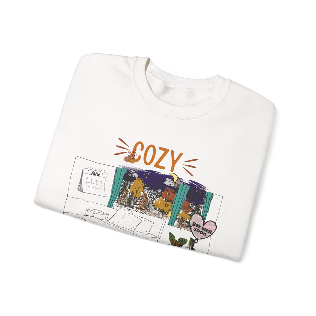 Cozy Within Reason fall crewneck by HKitty Enterprises, a funny autumn bedroom scene with a sleeping cat, a nighttime fall window, and a dying plant getting a get well soon balloon