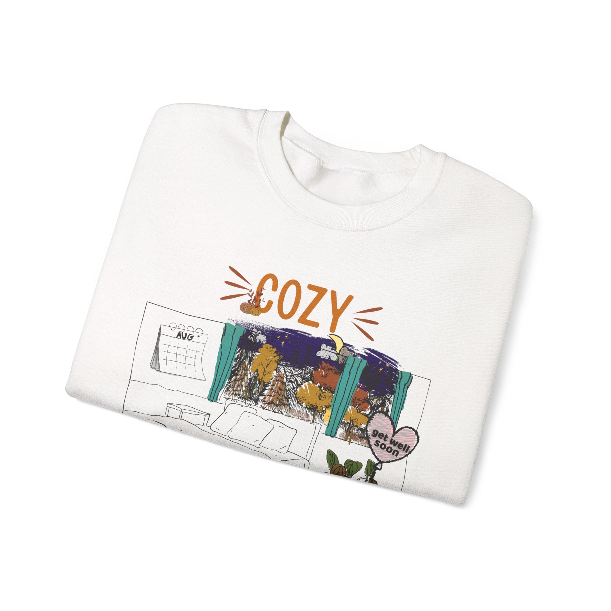 Cozy Within Reason fall crewneck by HKitty Enterprises, a funny autumn bedroom scene with a sleeping cat, a nighttime fall window, and a dying plant getting a get well soon balloon