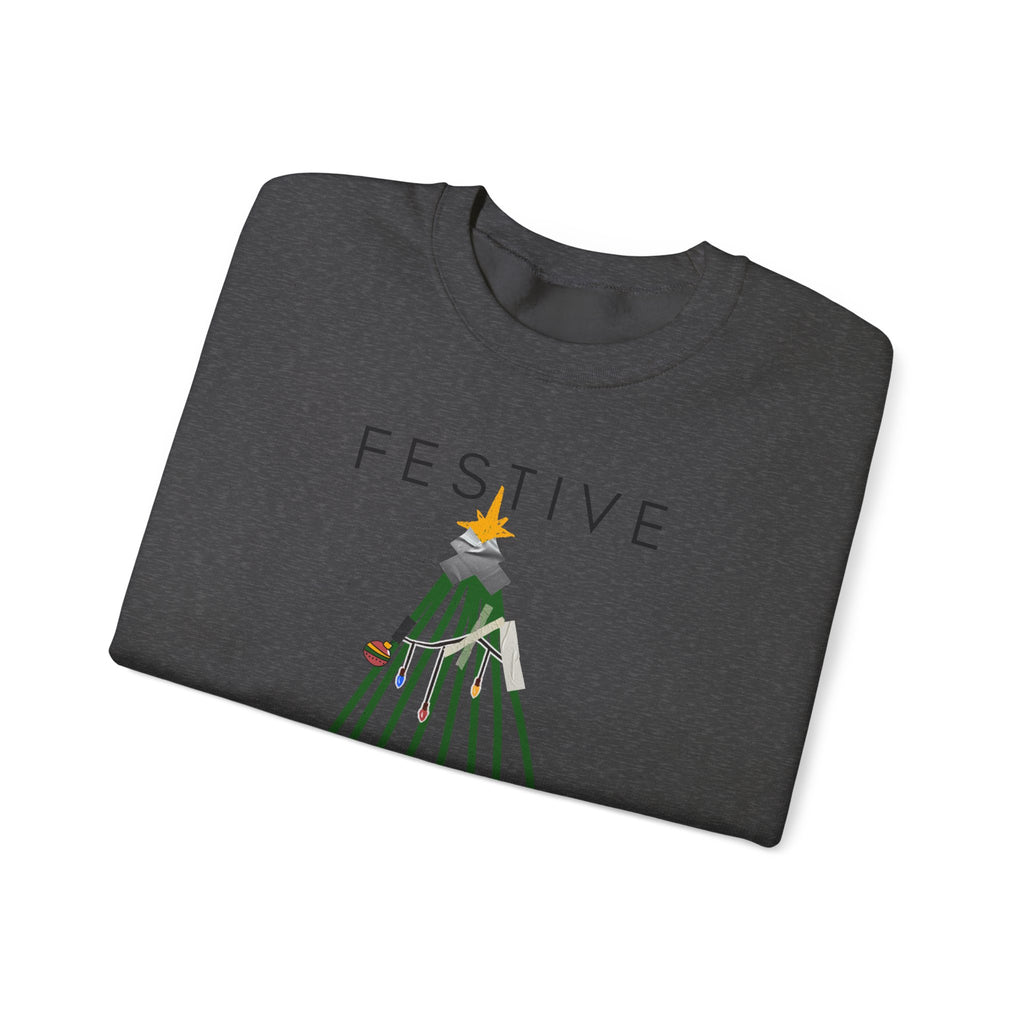 Festive Within Reason Christmas crewneck by HKitty Enterprises, a deadpan holiday design of a taped-up tree with gifts that are actually bills and a jury duty summons from Santa