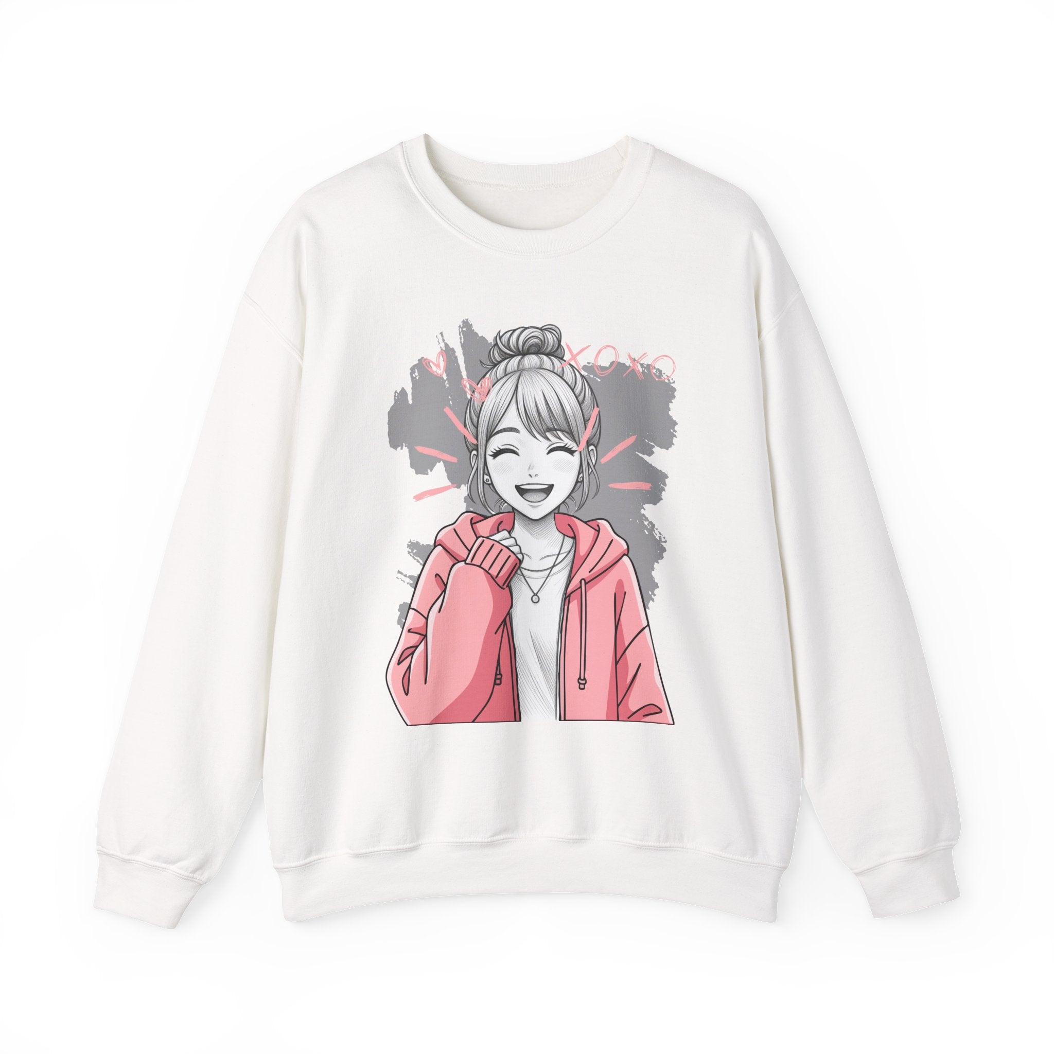 Dark heather crewneck sweatshirt with original pastel pink kawaii anime girl illustration, soft manga art style — front view
