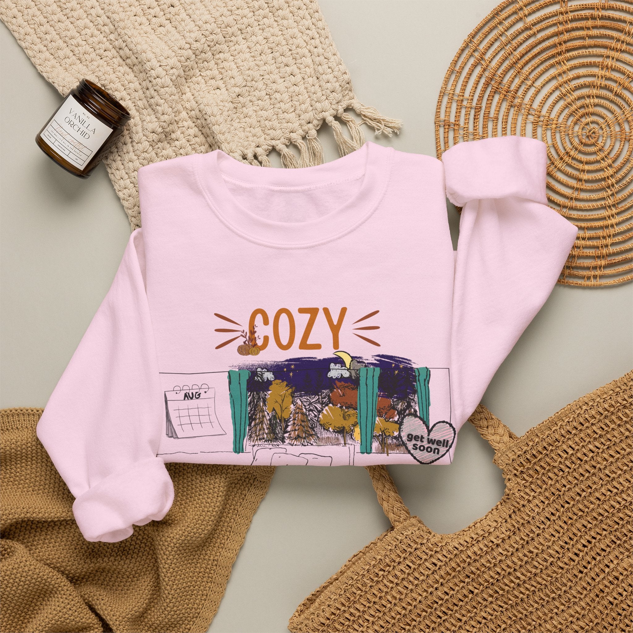 Cozy Within Reason fall crewneck by HKitty Enterprises, a funny autumn bedroom scene with a sleeping cat, a nighttime fall window, and a dying plant getting a get well soon balloon