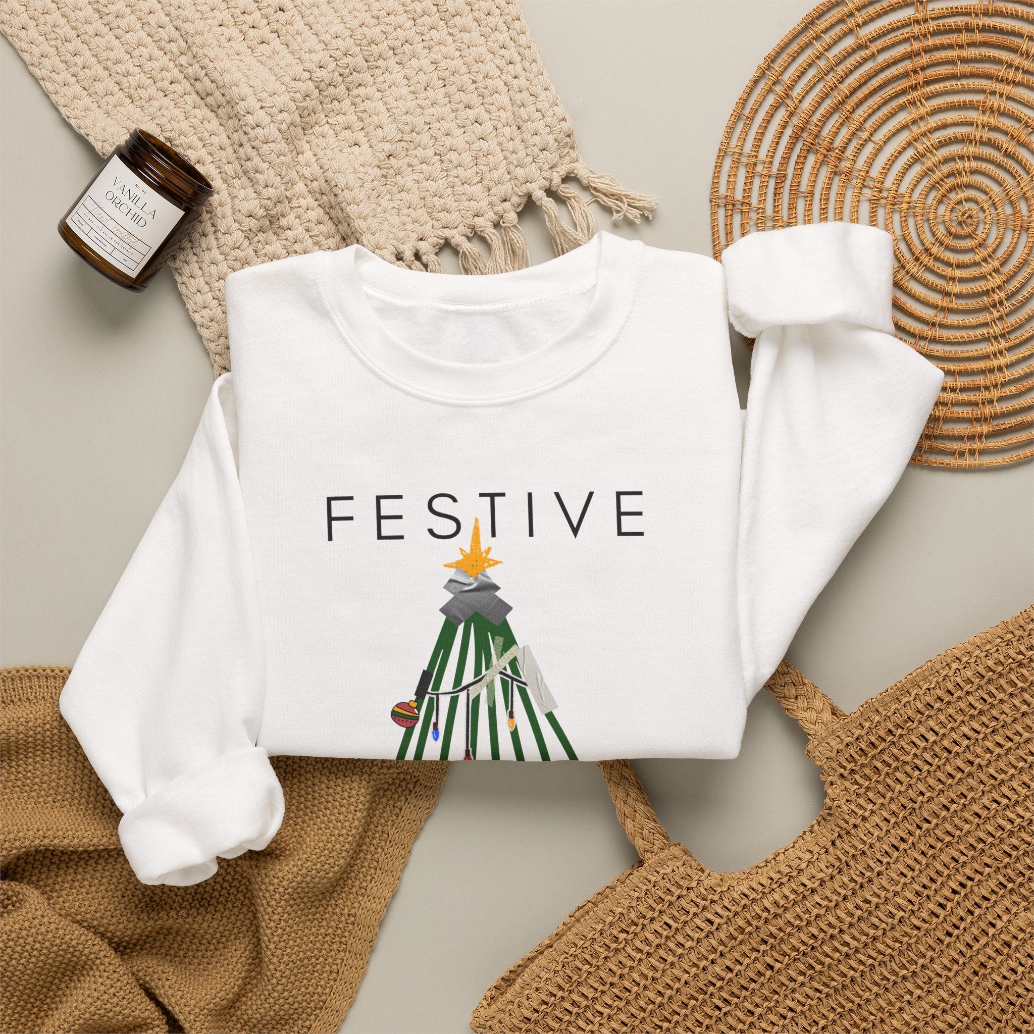 Festive Within Reason Christmas crewneck by HKitty Enterprises, a deadpan holiday design of a taped-up tree with gifts that are actually bills and a jury duty summons from Santa