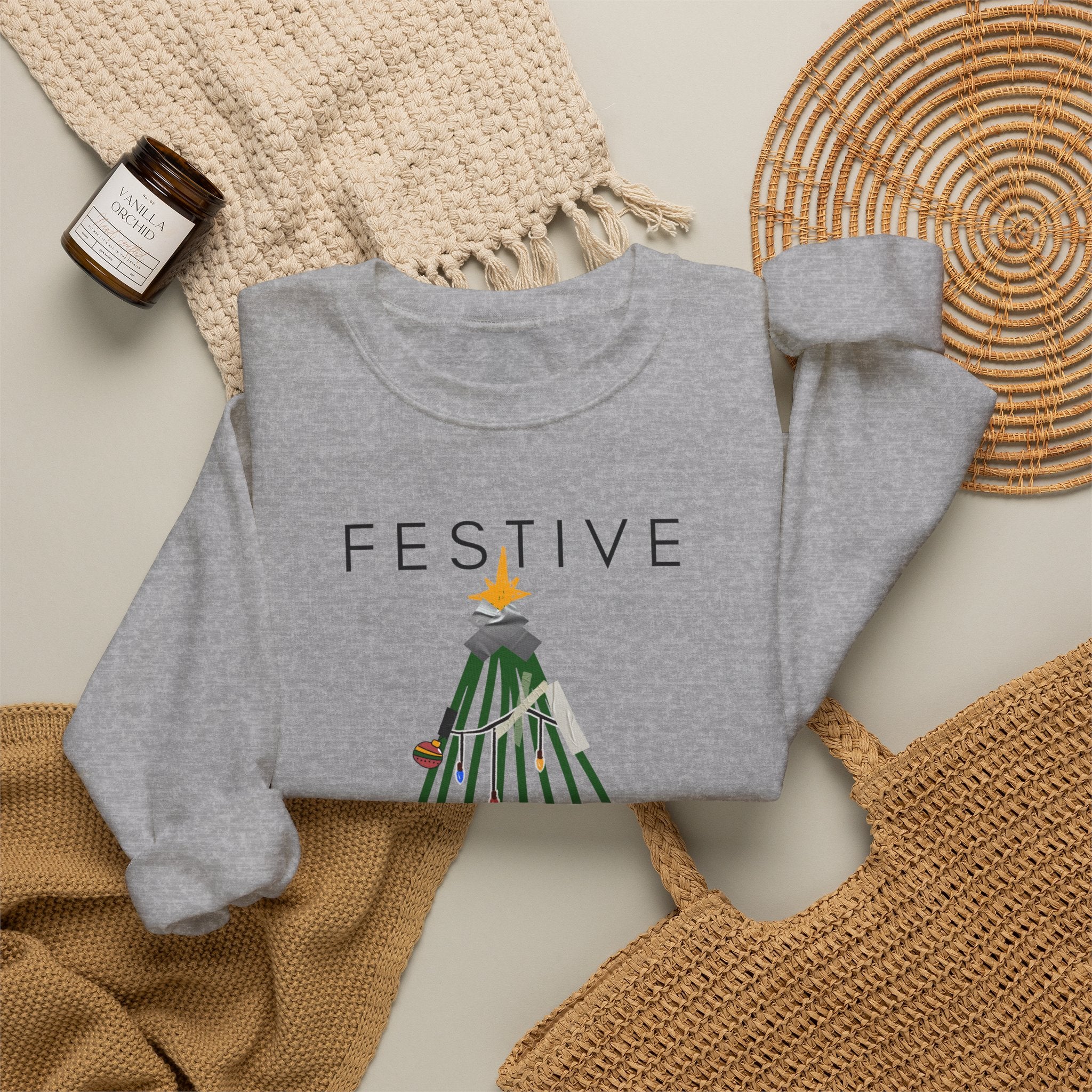 Festive Within Reason Christmas crewneck by HKitty Enterprises, a deadpan holiday design of a taped-up tree with gifts that are actually bills and a jury duty summons from Santa