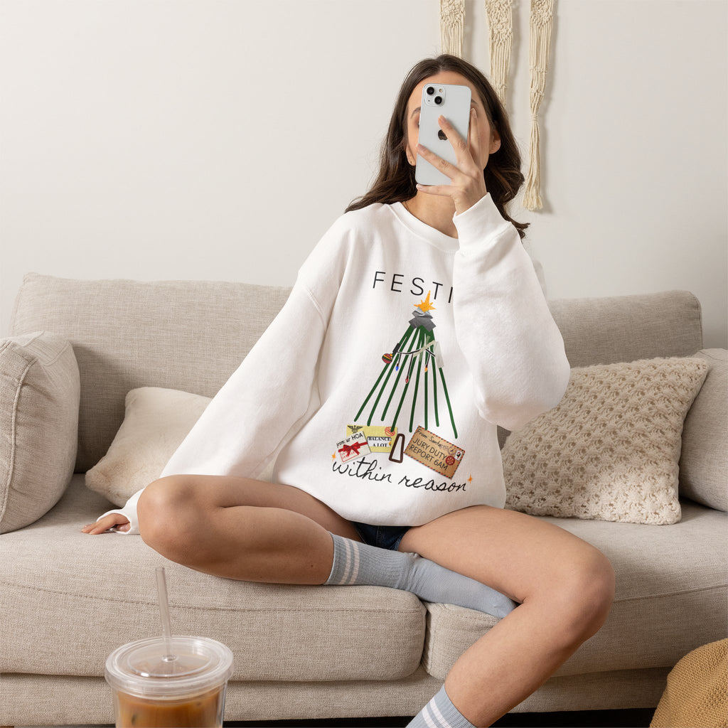 Festive Within Reason Christmas crewneck by HKitty Enterprises, a deadpan holiday design of a taped-up tree with gifts that are actually bills and a jury duty summons from Santa