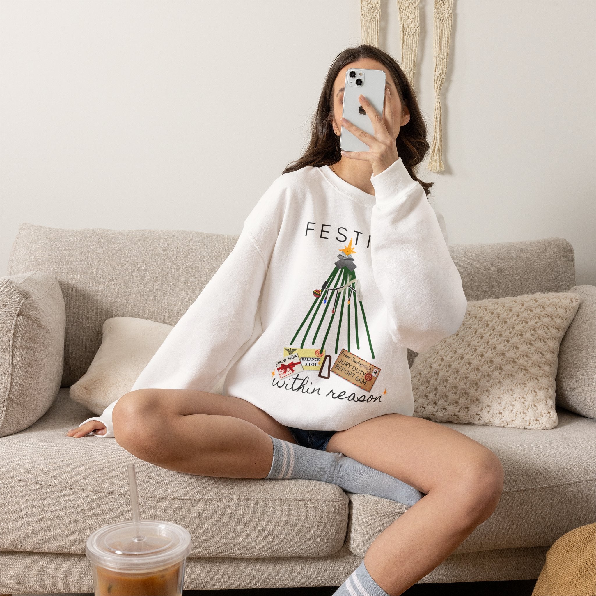 Festive Within Reason Christmas crewneck by HKitty Enterprises, a deadpan holiday design of a taped-up tree with gifts that are actually bills and a jury duty summons from Santa