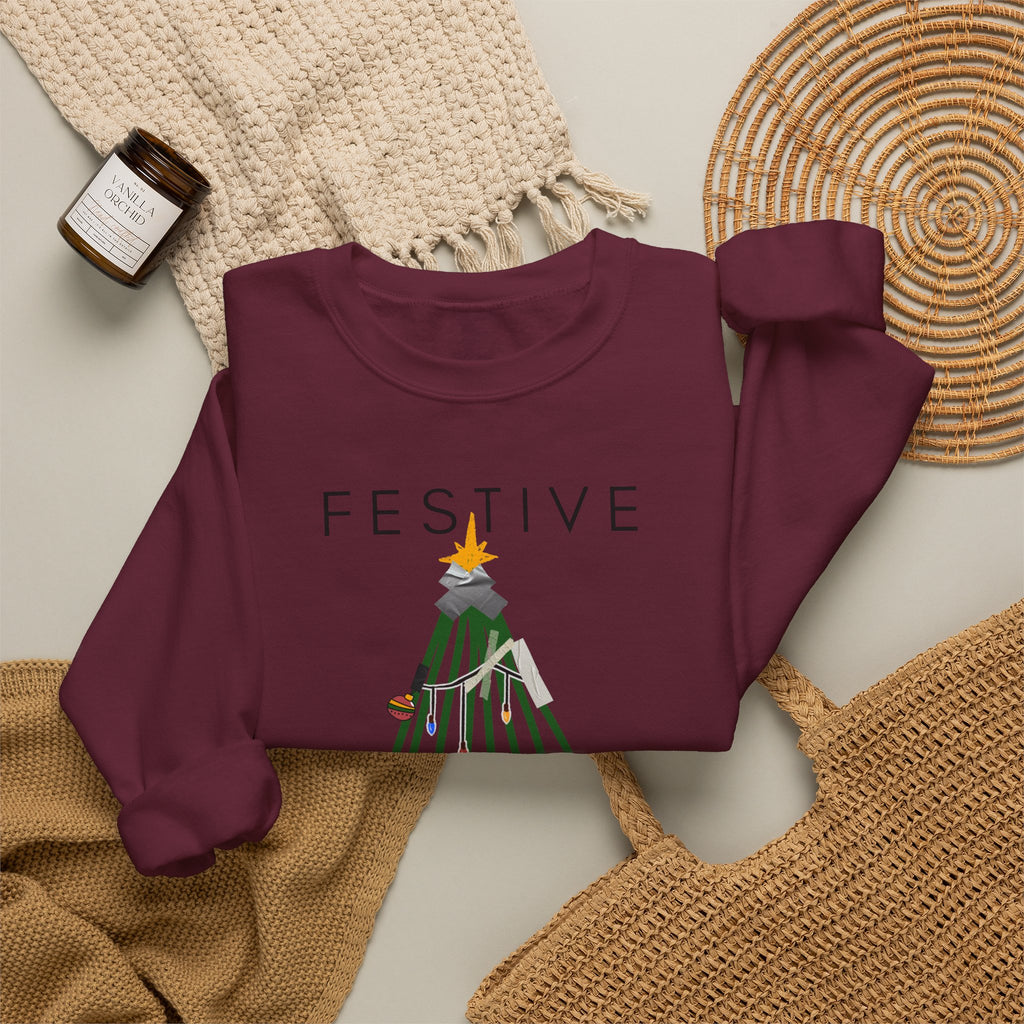Festive Within Reason Christmas crewneck by HKitty Enterprises, a deadpan holiday design of a taped-up tree with gifts that are actually bills and a jury duty summons from Santa