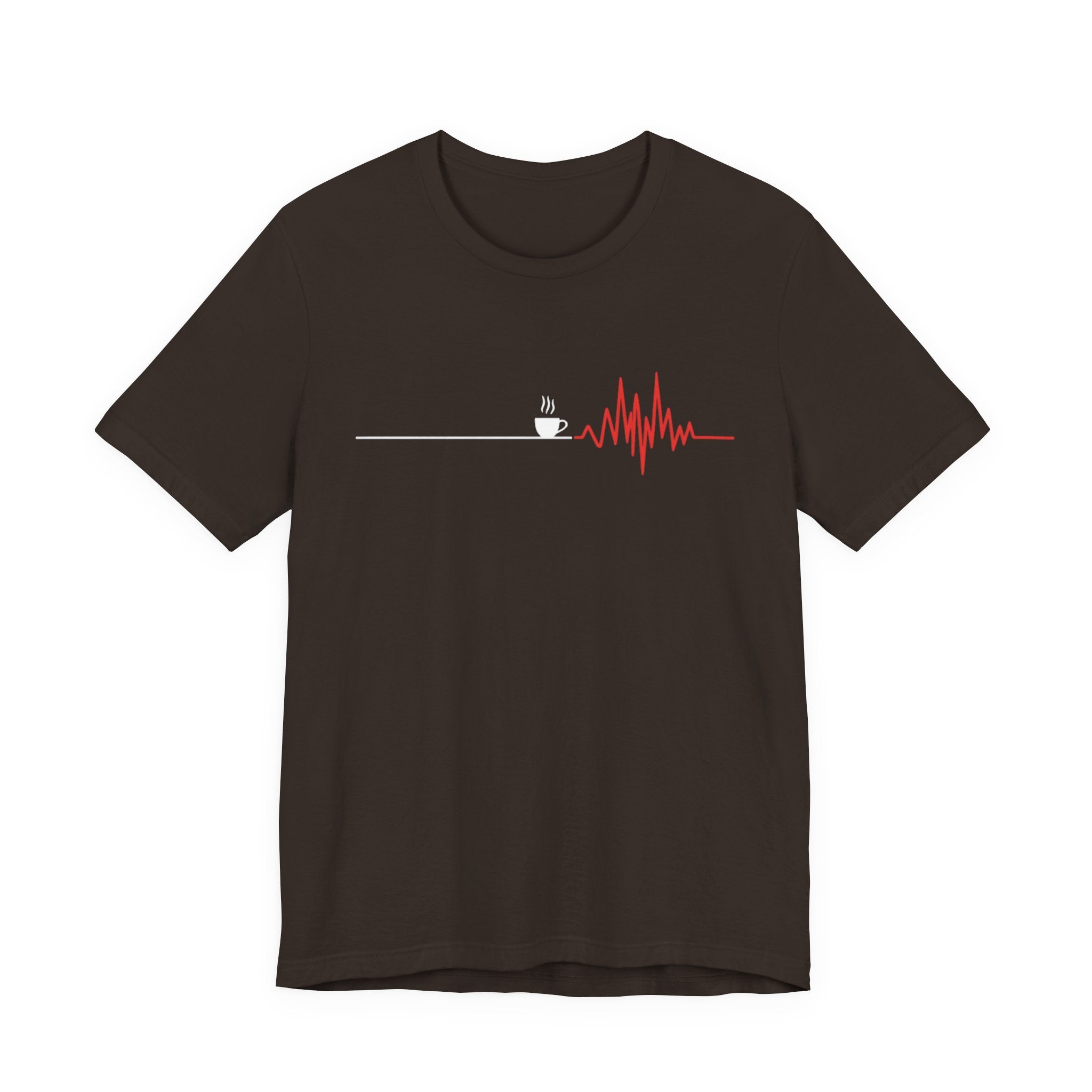 Black t-shirt with continuous EKG line running through an espresso cup icon, flatline turning to heartbeat after the coffee — front view