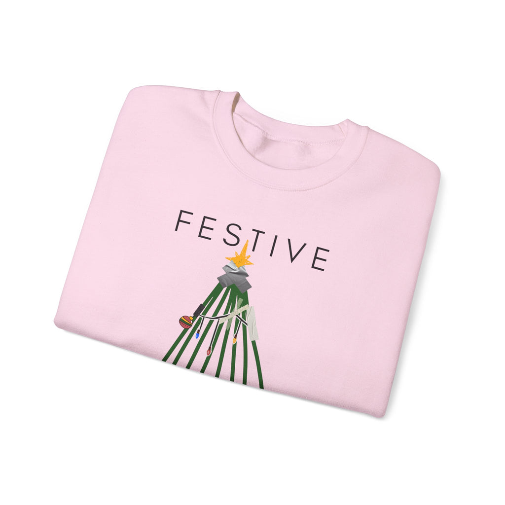 Festive Within Reason Christmas crewneck by HKitty Enterprises, a deadpan holiday design of a taped-up tree with gifts that are actually bills and a jury duty summons from Santa