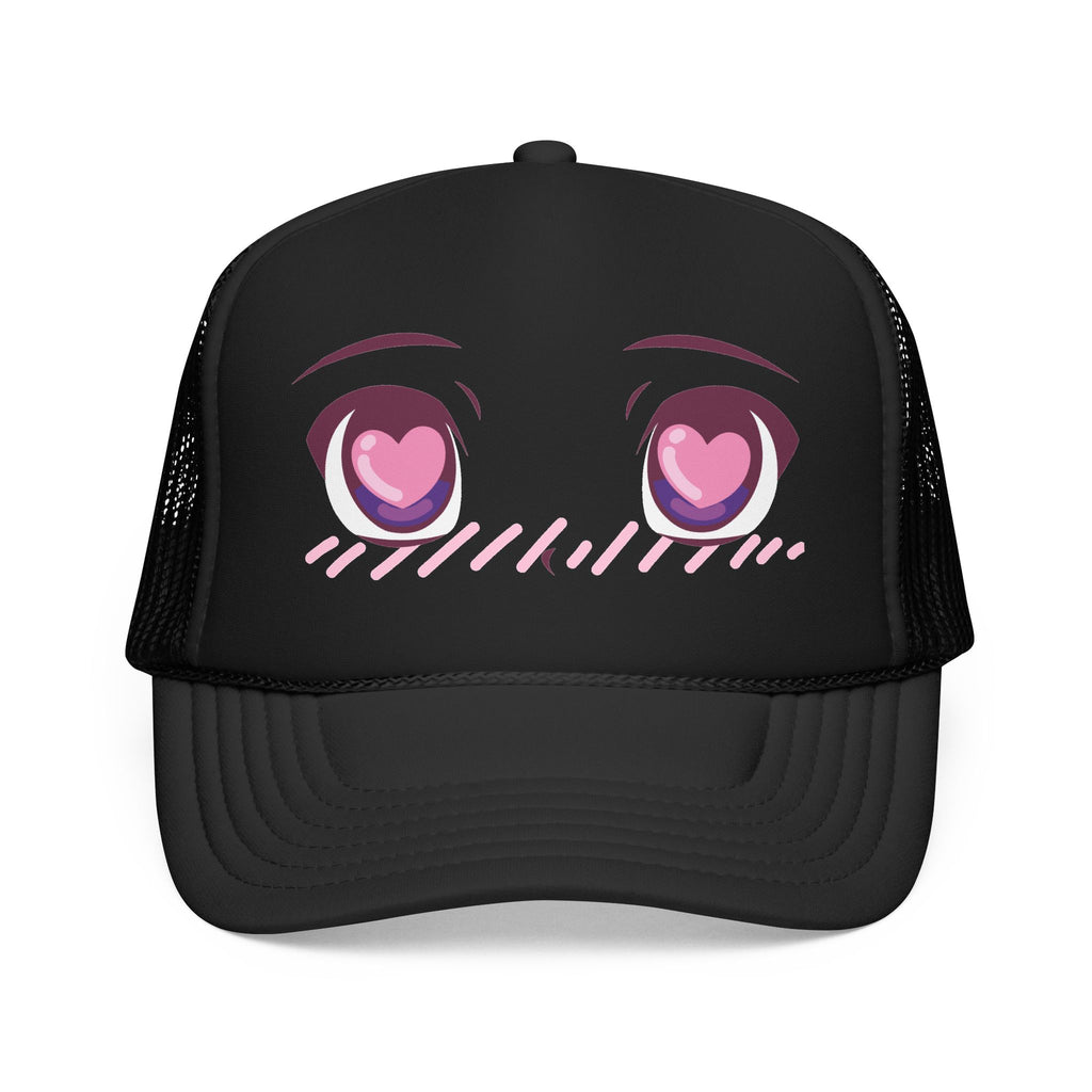Black foam trucker hat with blushing kawaii anime face design, pink heart eyes, on the front panel — front view