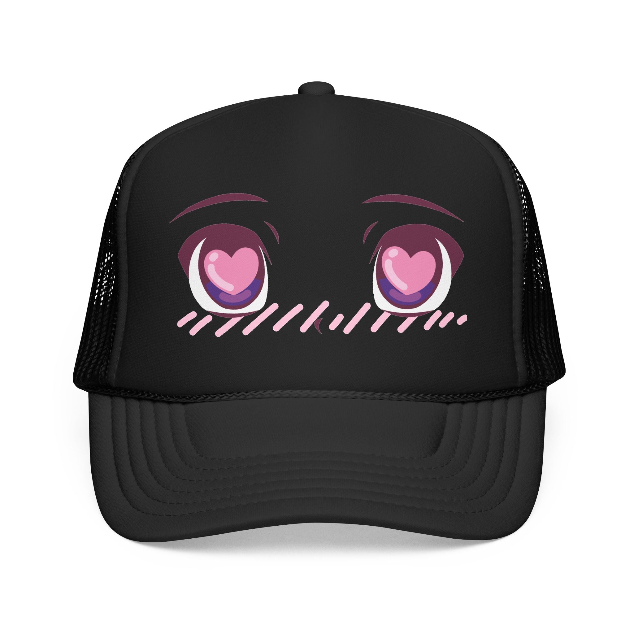 Black foam trucker hat with blushing kawaii anime face design, pink heart eyes, on the front panel — front view