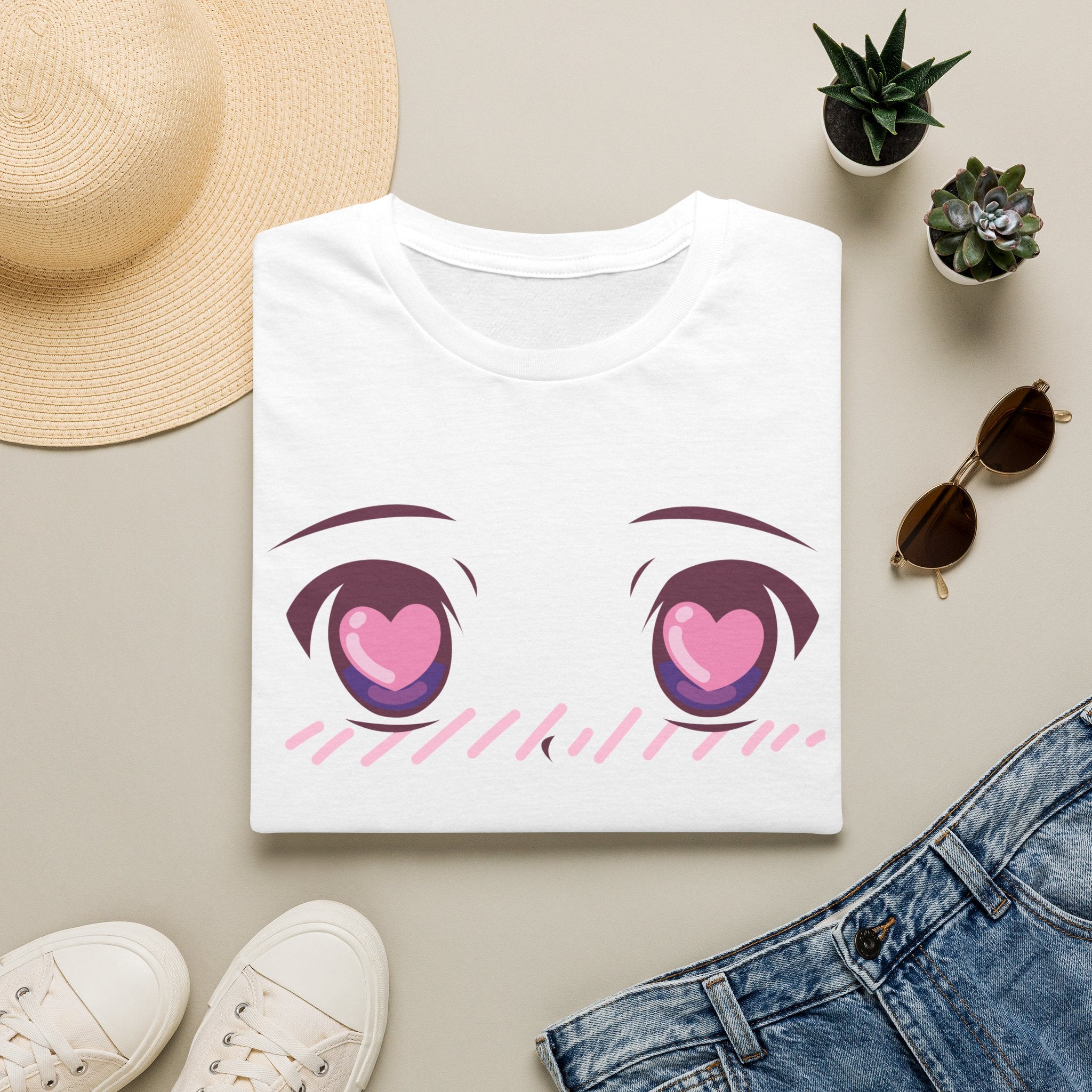 Dark chocolate t-shirt with minimalist kawaii heart-eyes anime face emoticon, pink heart eyes and smiling expression — front view