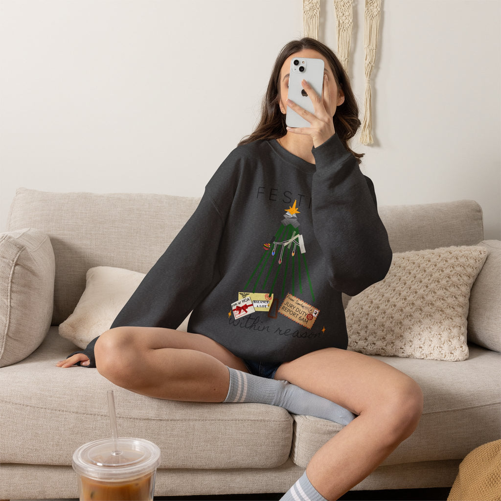 Festive Within Reason Christmas crewneck by HKitty Enterprises, a deadpan holiday design of a taped-up tree with gifts that are actually bills and a jury duty summons from Santa