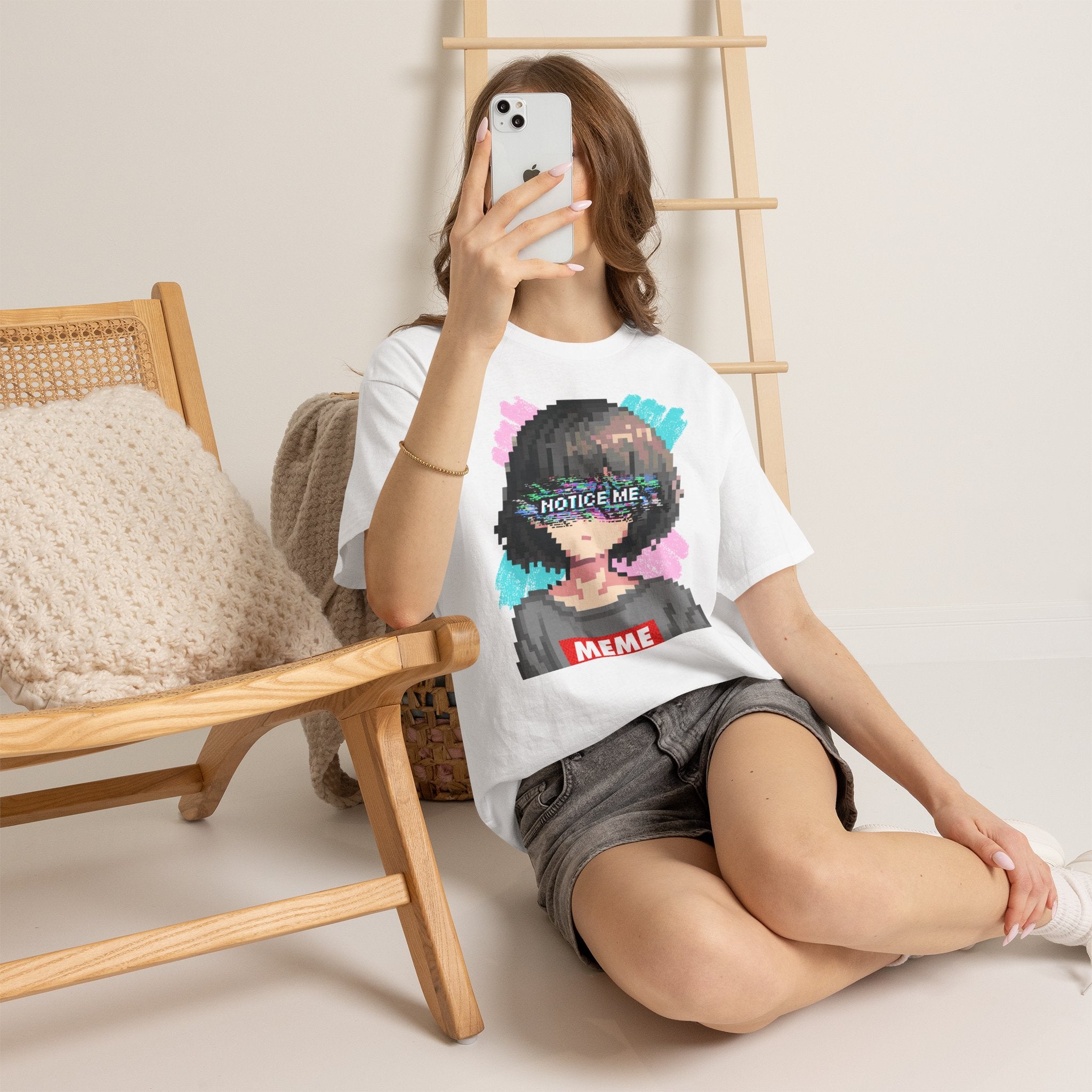 Charcoal graphic tee featuring an original 8-bit pixel art anime girl with glitchcore effects, retro video game style — front view