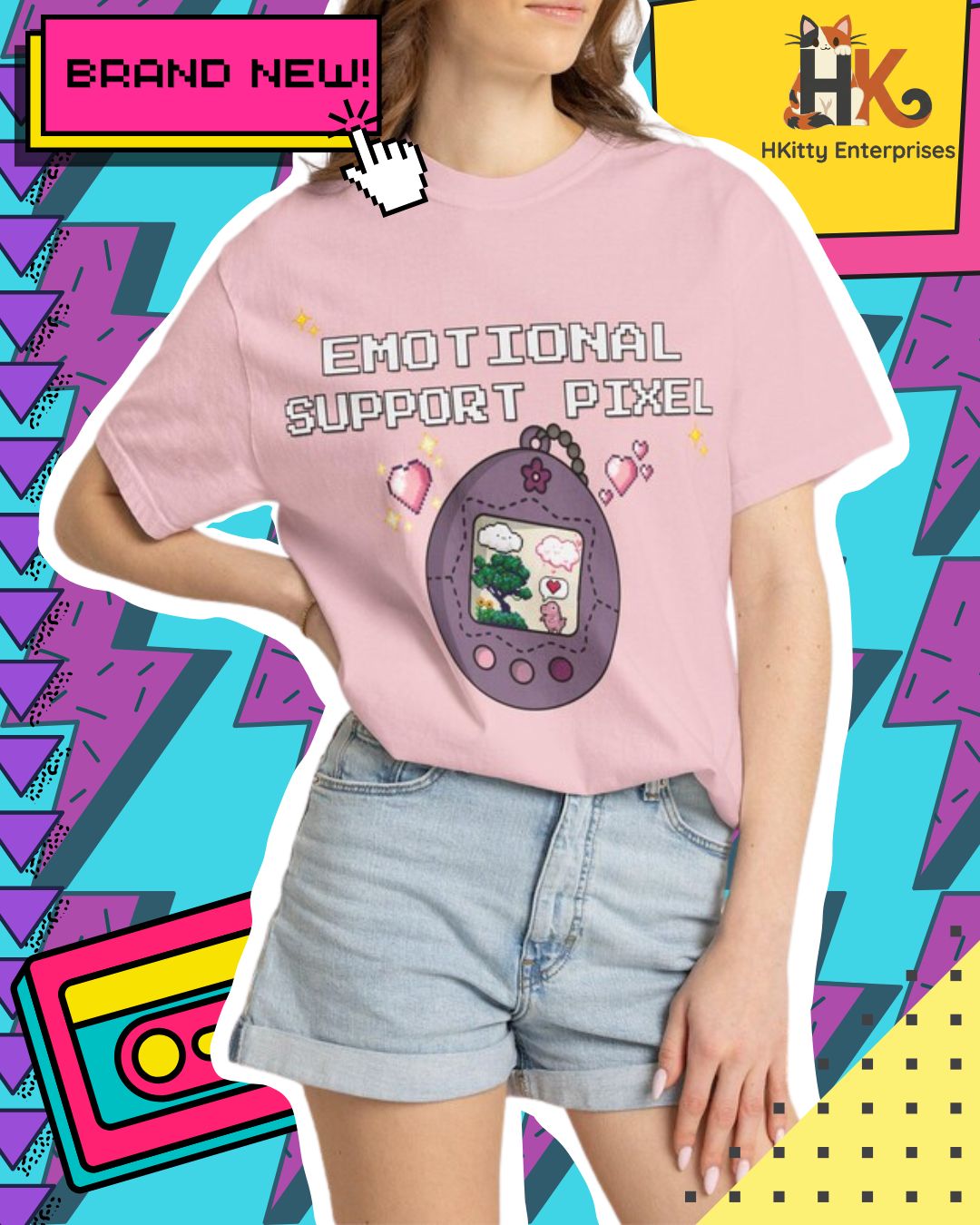 A woman wearing a light pink graphic t-shirt with a pixelated character and the text 'EMOTIONAL SUPPORT PIXEL'. The image has a retro 90s-style graphic background with a white outline around the model, and promotional badges in the corners.